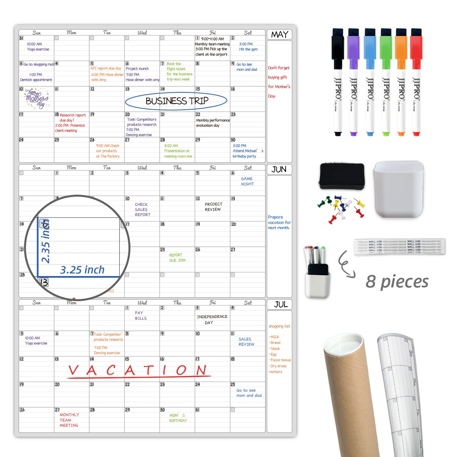 Dry Erase Wall Calendar 3 Month Calendar - Blank Undated Reusable Quarterly Calendar - Whiteboard Premium Laminated Poster - Lam