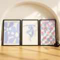 SoulAbiti Periwinkle Cutouts Abstract & Wavy Checker Flowers set of 3 Framed Wall Print 12x18 inch Black Frame PlexiGlass Aesth