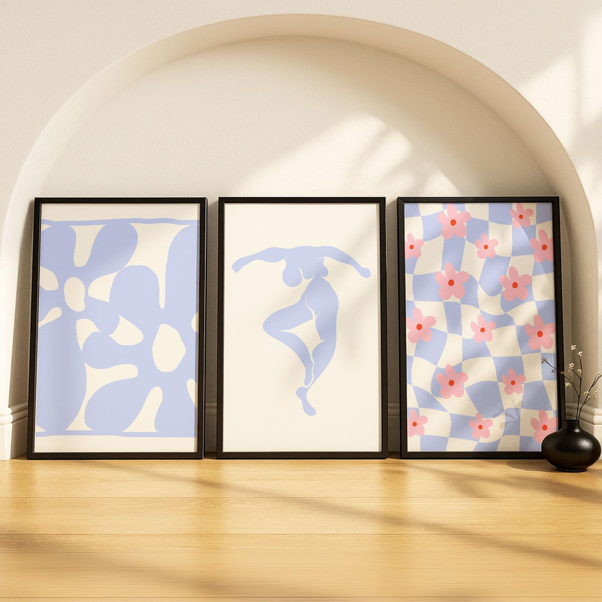 SoulAbiti Periwinkle Cutouts Abstract & Wavy Checker Flowers set of 3 Framed Wall Print 12x18 inch Black Frame PlexiGlass Aesth
