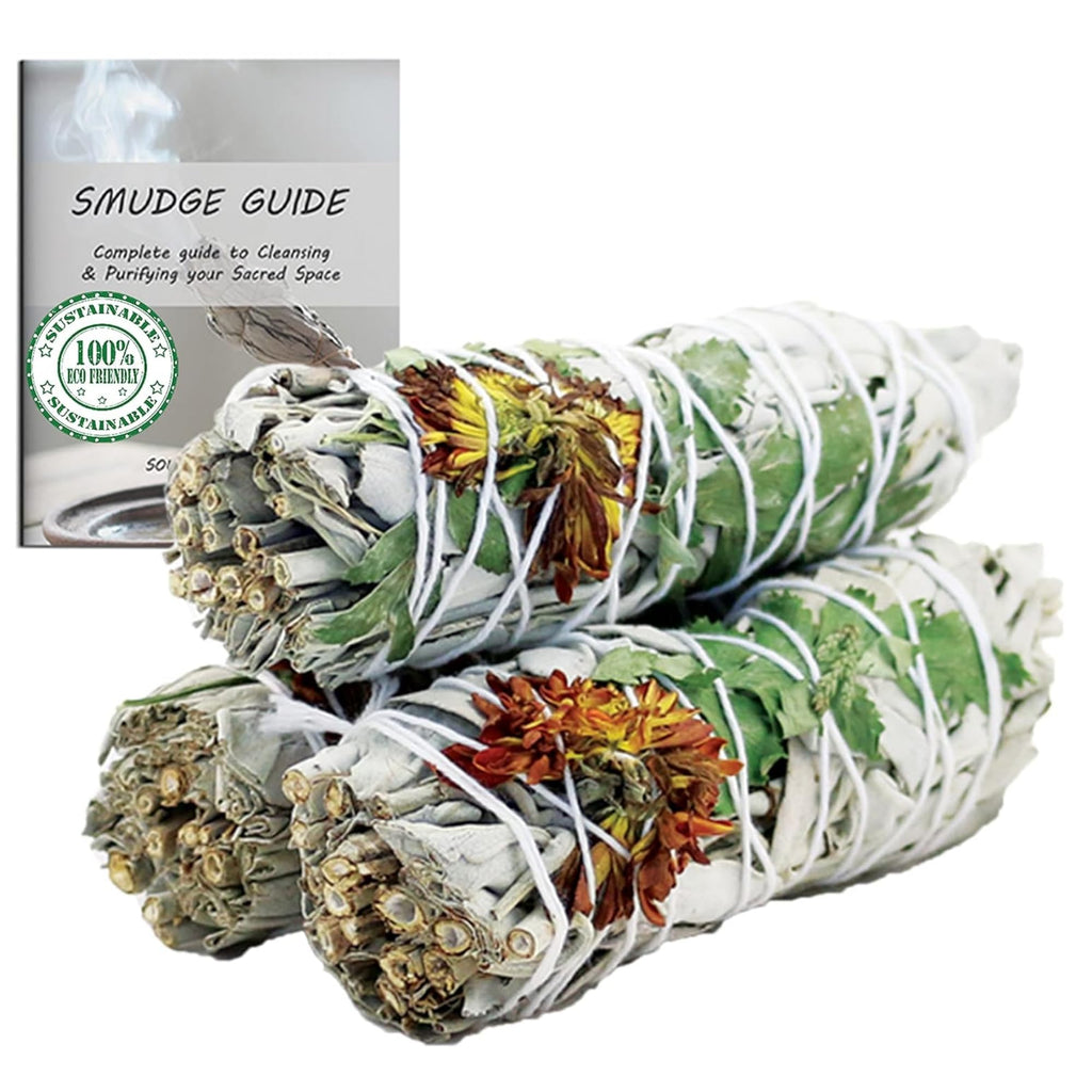 Floral White Sage Organic Smudge Sticks with Flowers 3 Pack for Cleansing Home, Meditation, Yoga, Healing and Smudging | Sustain