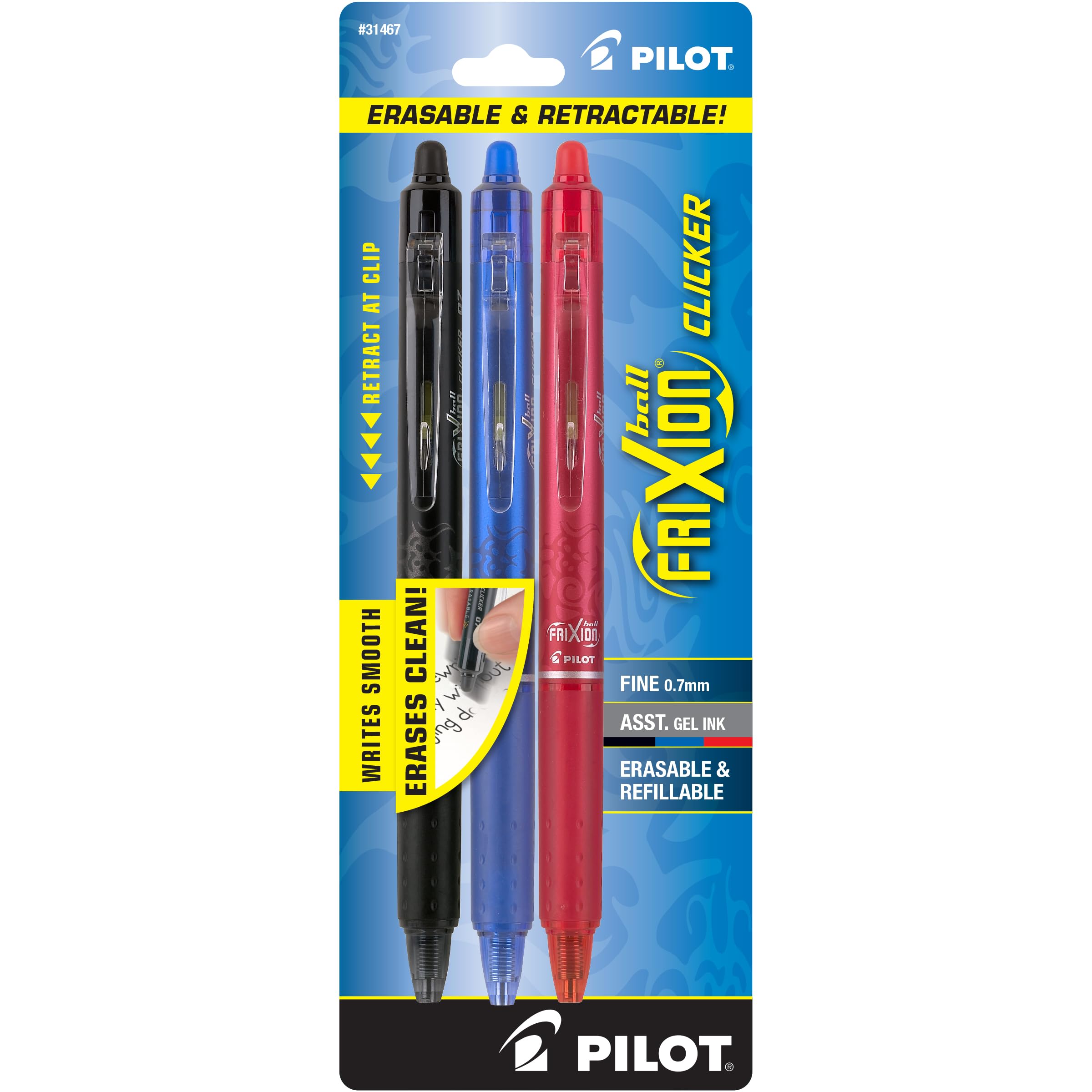 Pilot Frixion Clicker Erasable, Refillable & Retractable Gel Ink Pens, Fine Point, Black/Blue/Red Inks, 3-Pack (31467)