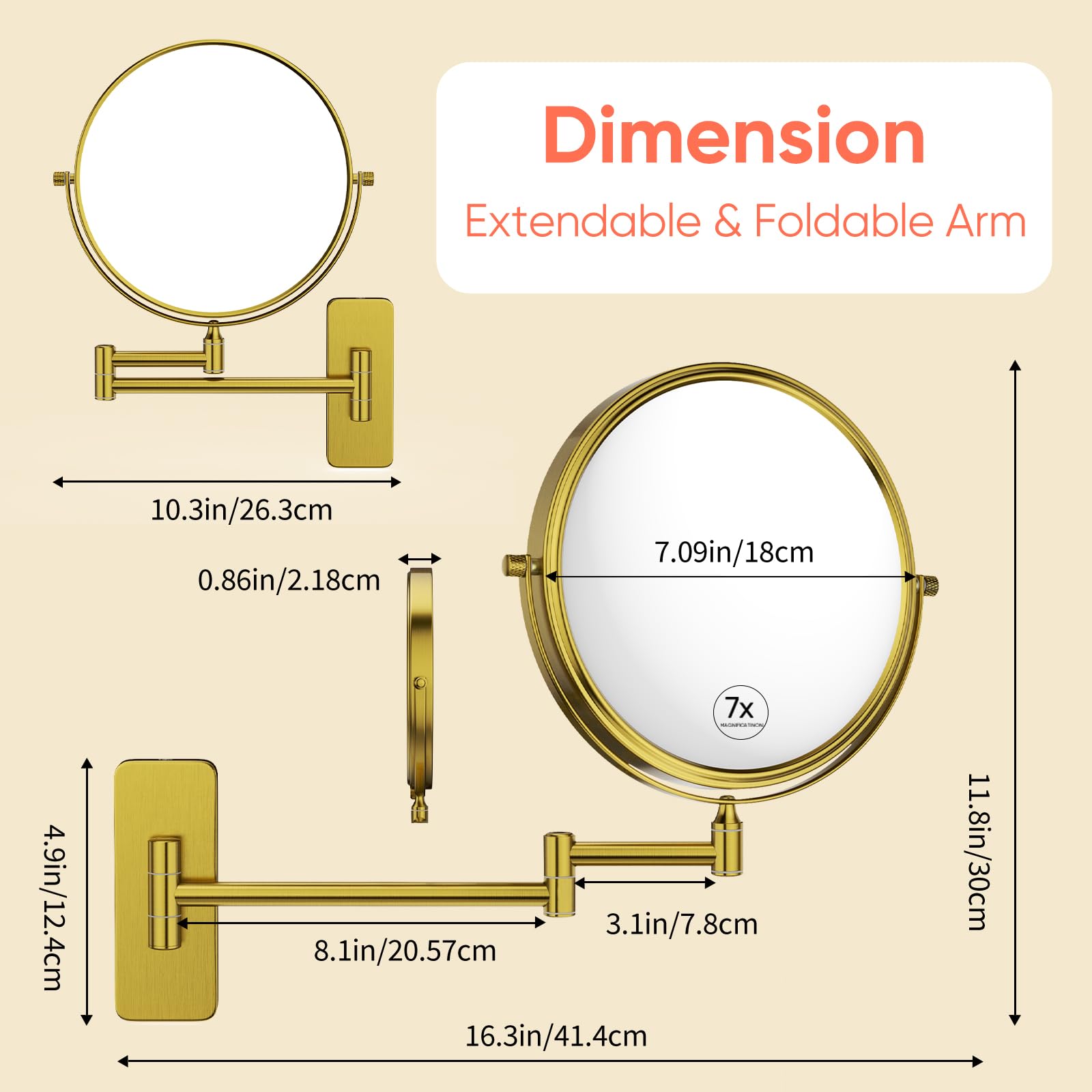 Gurun 8' Wall Mounted Makeup Mirror With 7X Magnification,Two-Sided Swivel Bathroom Mirror,Brushed Gold Finish M1406Gj(8',7X)