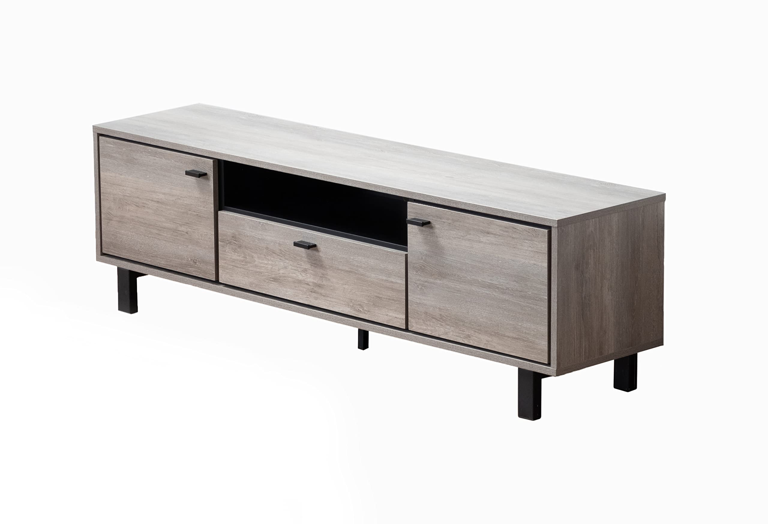 Lilola Home Apollo 65&Quot; Gray Oak Finish Tv Stand With Storage, Cable Management And Black Handles