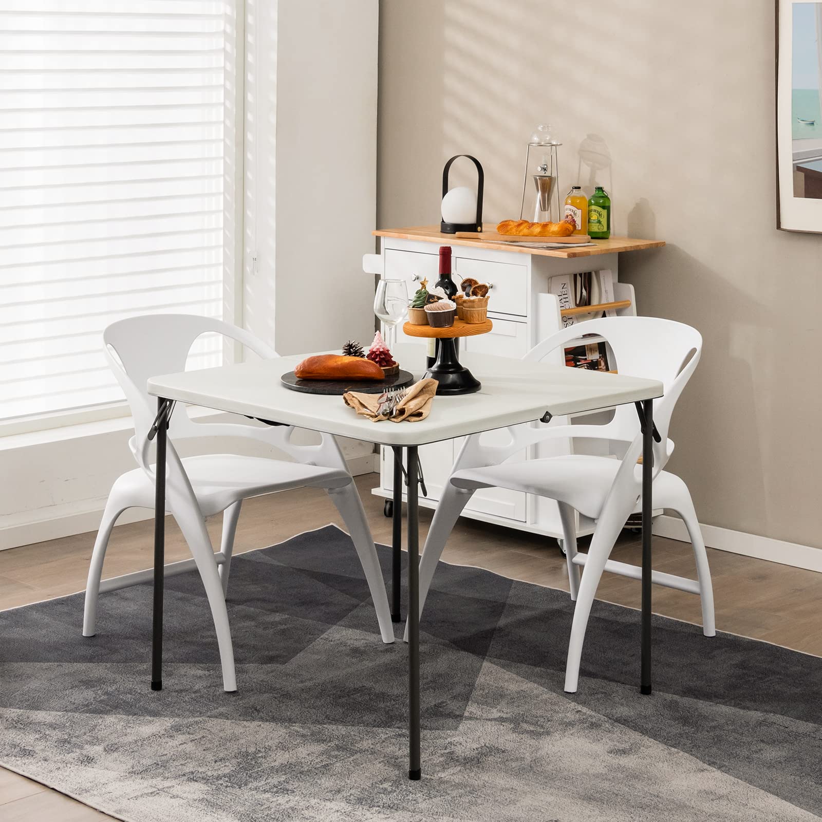 Goplus 34' Square Folding Card Table, Foldable Plastic Folding Tables, Portable Fold Up Table W/Handle, White Indoor Outdoor Utility Bi-Folding Commercial Table For Picnic, Party, Dining, Camping, Bbq