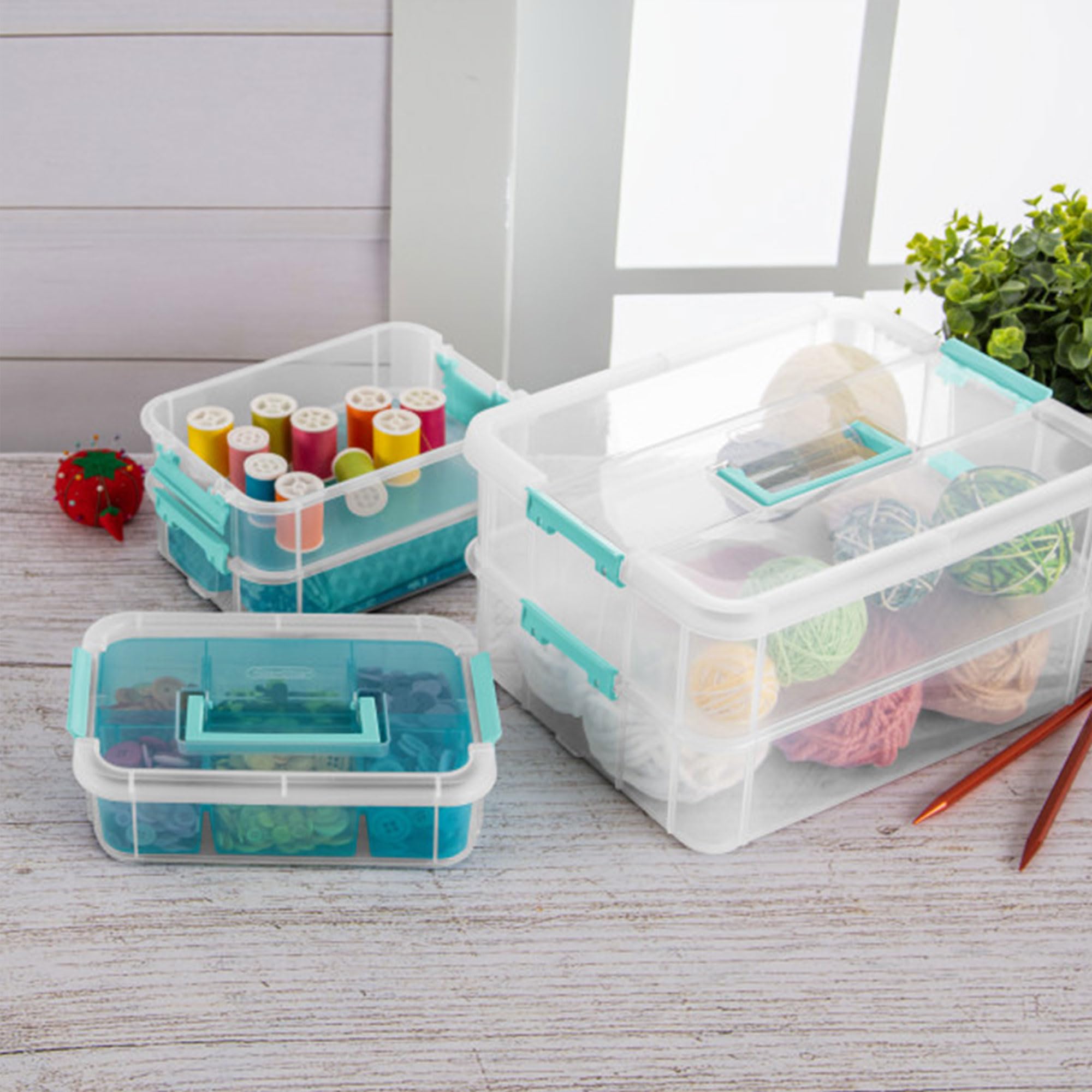 Sterilite Stack And Carry 3 Layer Handle Box And Tray, Plastic Small Storage Container With Latch Lid, Organize Crafts, Clear Wi