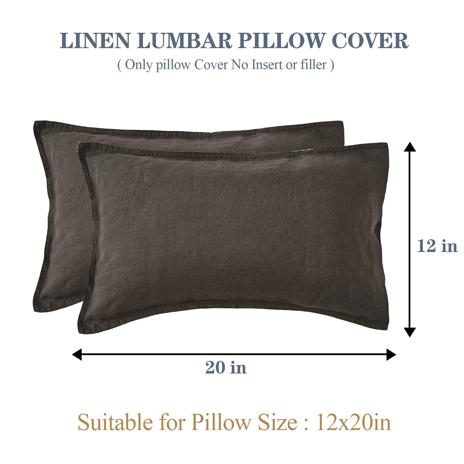 Simple&Opulence 100% Linen Lumbar Pillow Cover 12 X 20 Inches Set Of 2 Rectangular Decorative Throw Cushion Cover For Couch Sofa Bed Living Room Office Soft Breathable Farmhouse - Dark Grey