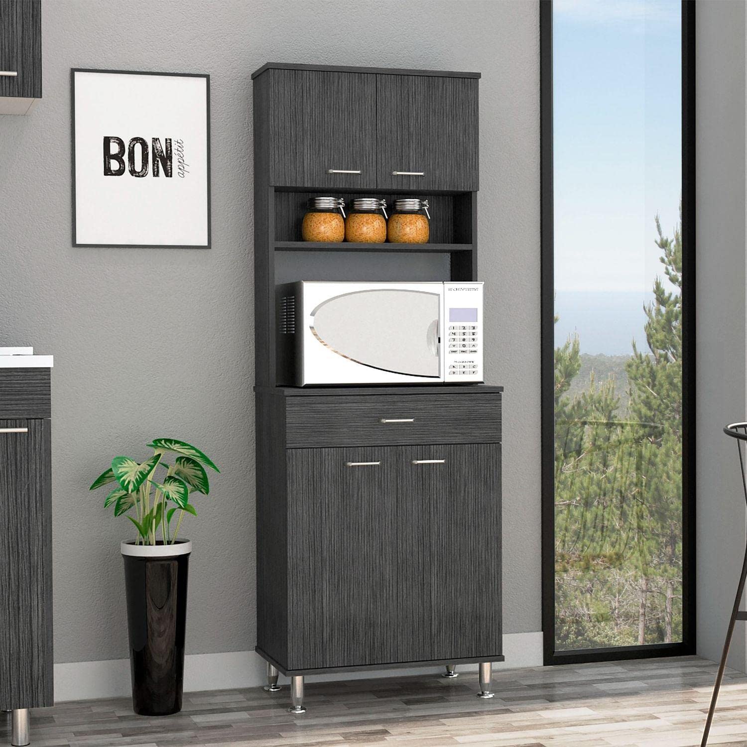 Pantry Cabinet 67&quot; H, 4 Doors, 1 Drawer, 3 Internal Shelves, 2 External Storage Shelves, Microwave Storage Option, 4 Legs, Smokey Oak