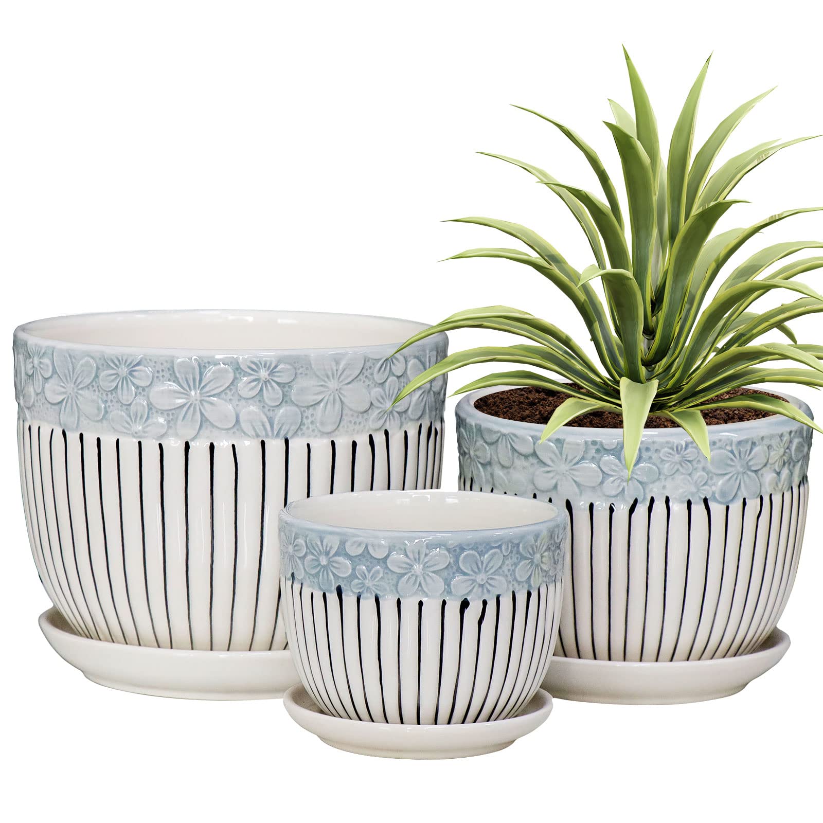 Ton Sin Grey Flower Pots,Texture Planter For Indoor Plants Set Of 3 Ceramic Flower Pots With Saucer,Cute Garden Pots Succulent P