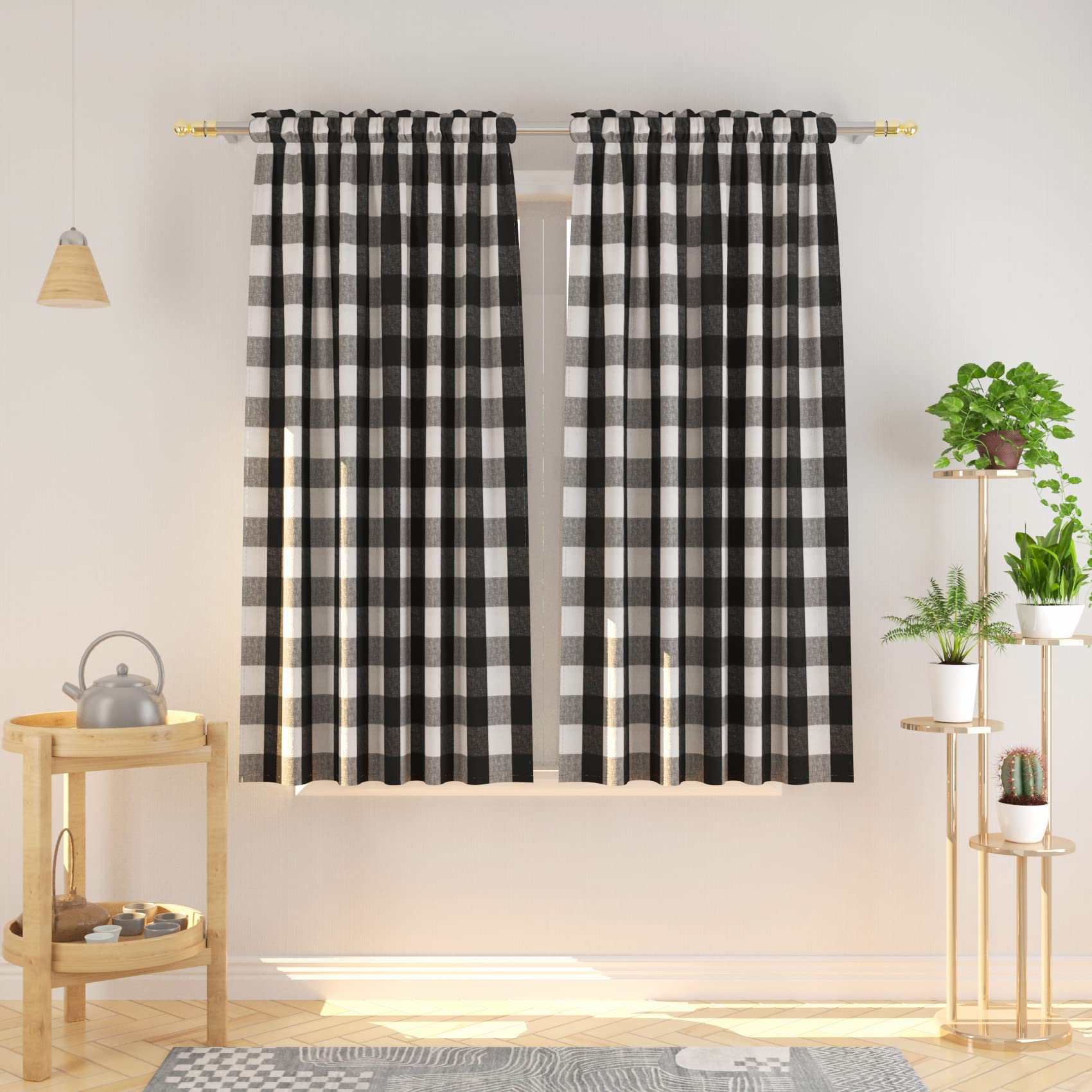 Natus Weaver Black White Buffalo Gingham Checkered Curtain Panels 63 Inches Long Living Room Drapes Plaid Checker Kitchen Bedroo