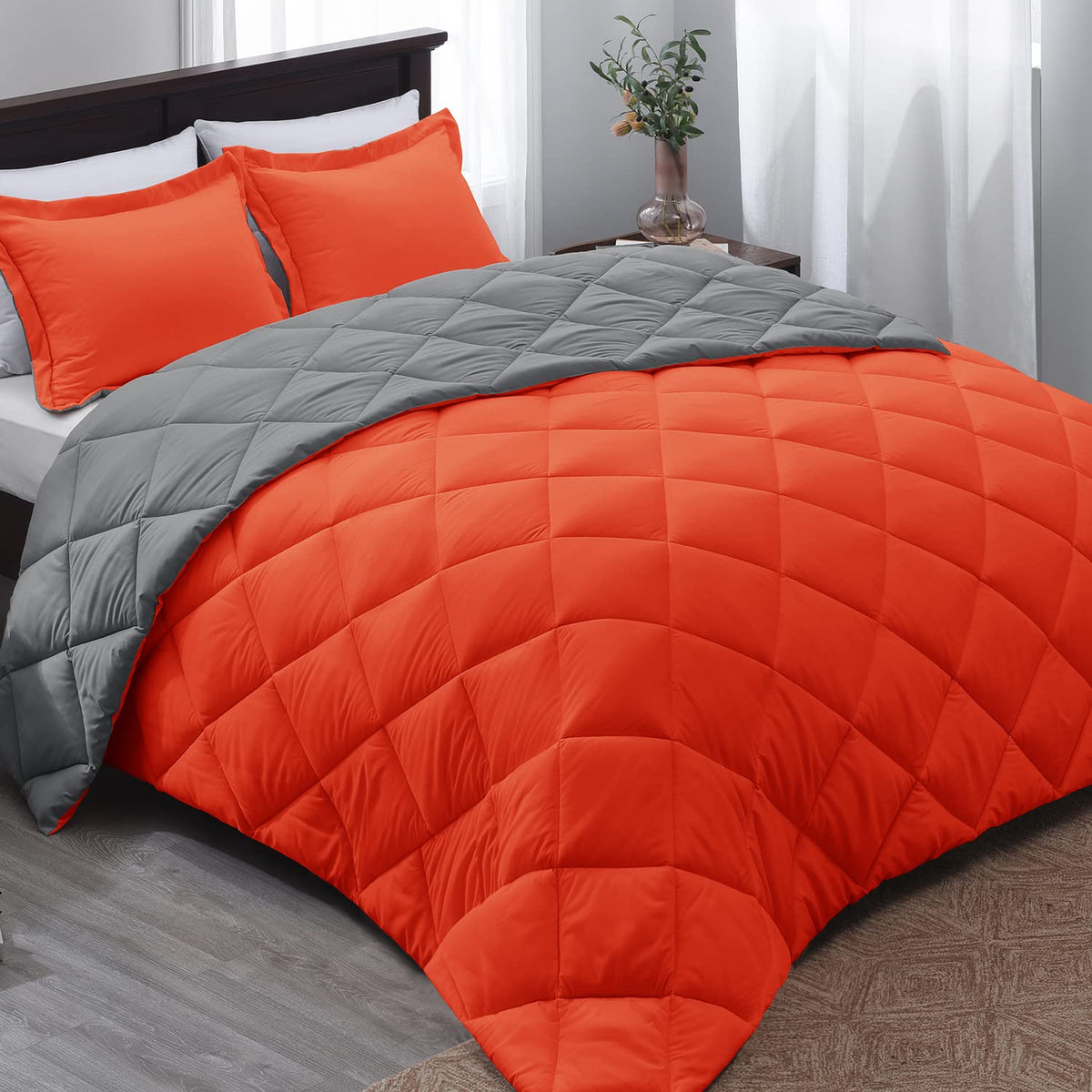 Basic Beyond Queen Comforter Set -   Orange Comforter Set Queen, Reversible Bed Comforter Queen Set For All Seasons,   Flame/Cha