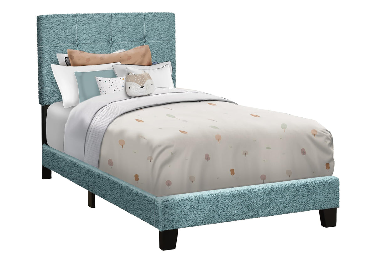 Monarch Specialties I 5806T Bed, Twin Size, Upholstered, Bedroom, Frame Only, Youth, Teen, Juvenile, Light Blue Boucle, Transitional