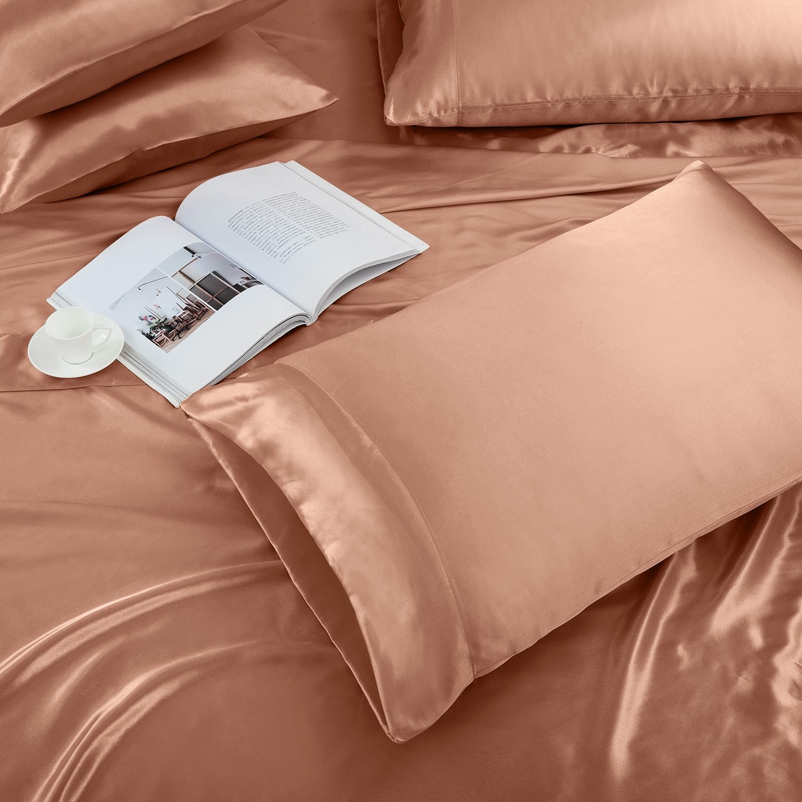 Treely 4 Piece Satin Sheets Twin Size Silky Smooth Champagne Satin Sheet Set With Deep Pocket, Satin Fitted Sheet, Flat Sheet, 2