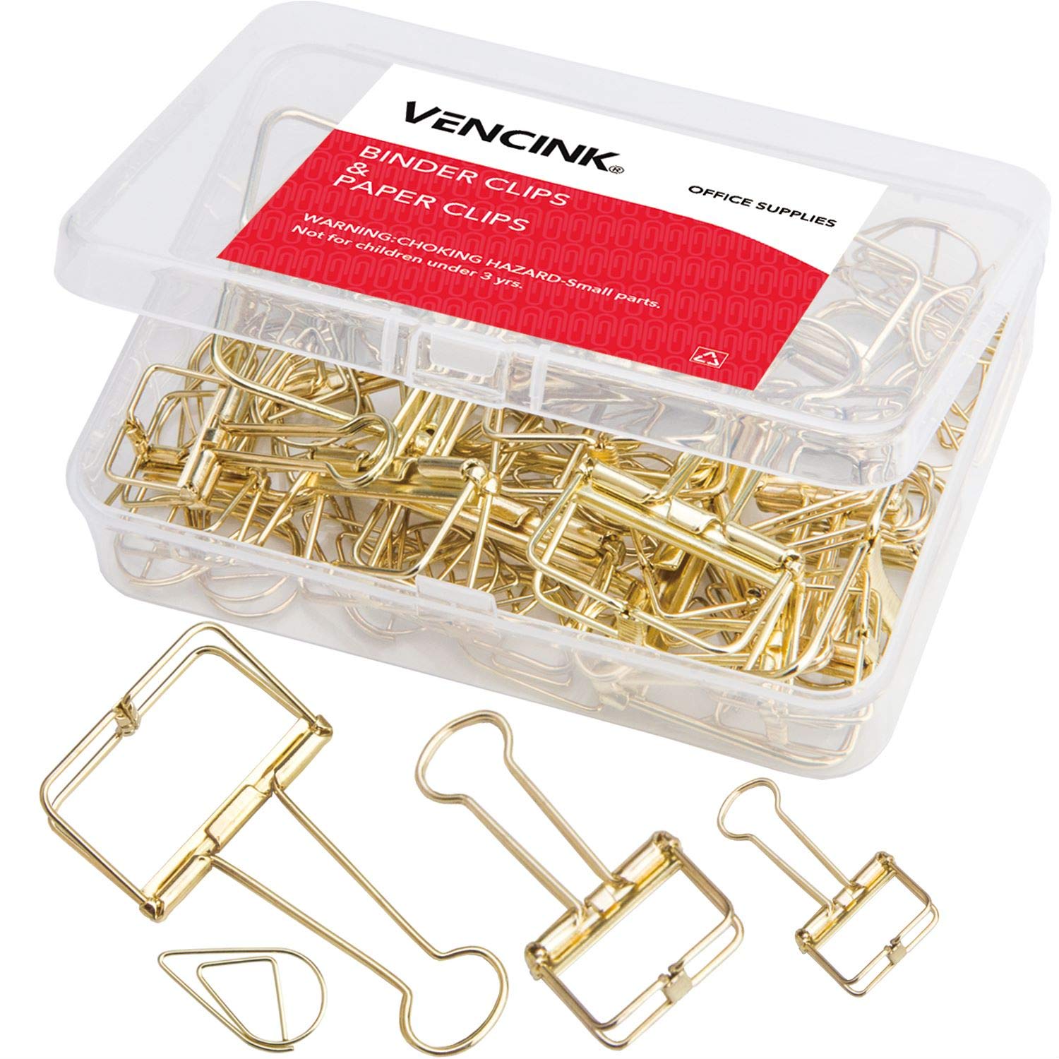 18 Pcs Gold Wire Binder Clips And 20 Pcs Cute Paper Clips Set Assorted Sizes, 2 Big 6 Medium 10 Small Smooth Steel Hollow Office