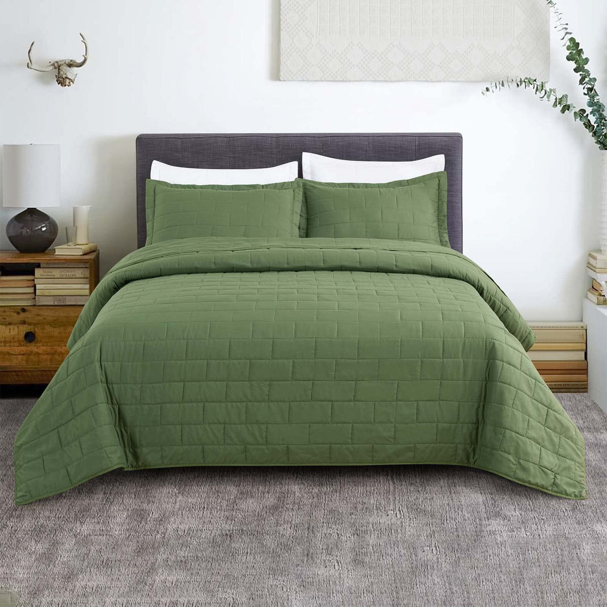 Hygge Hush Summer Quilt Set, King Size Olive Green Rectangle Pattern 3 Pieces Quilt Set, Oversized Modern Style Bedspread Set Fo