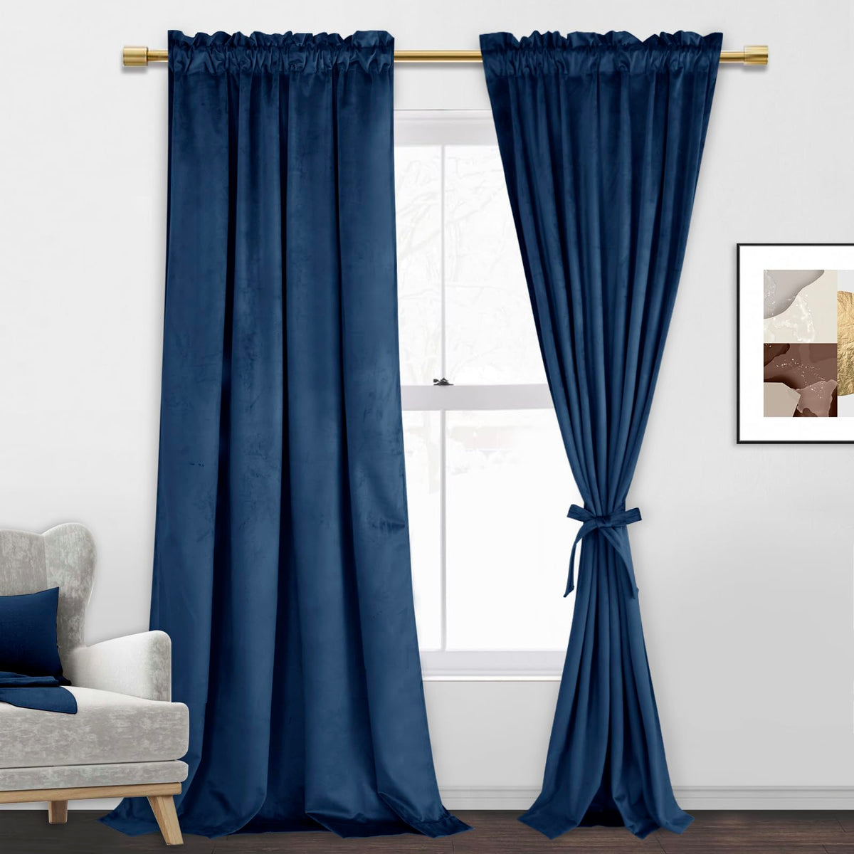 Jiuzhen Navy Velvet Curtains 90 Inches For Living Room - Soft Retro Blackout Velvet Drapes Rod Pocket Room Darkening Thermal Ins