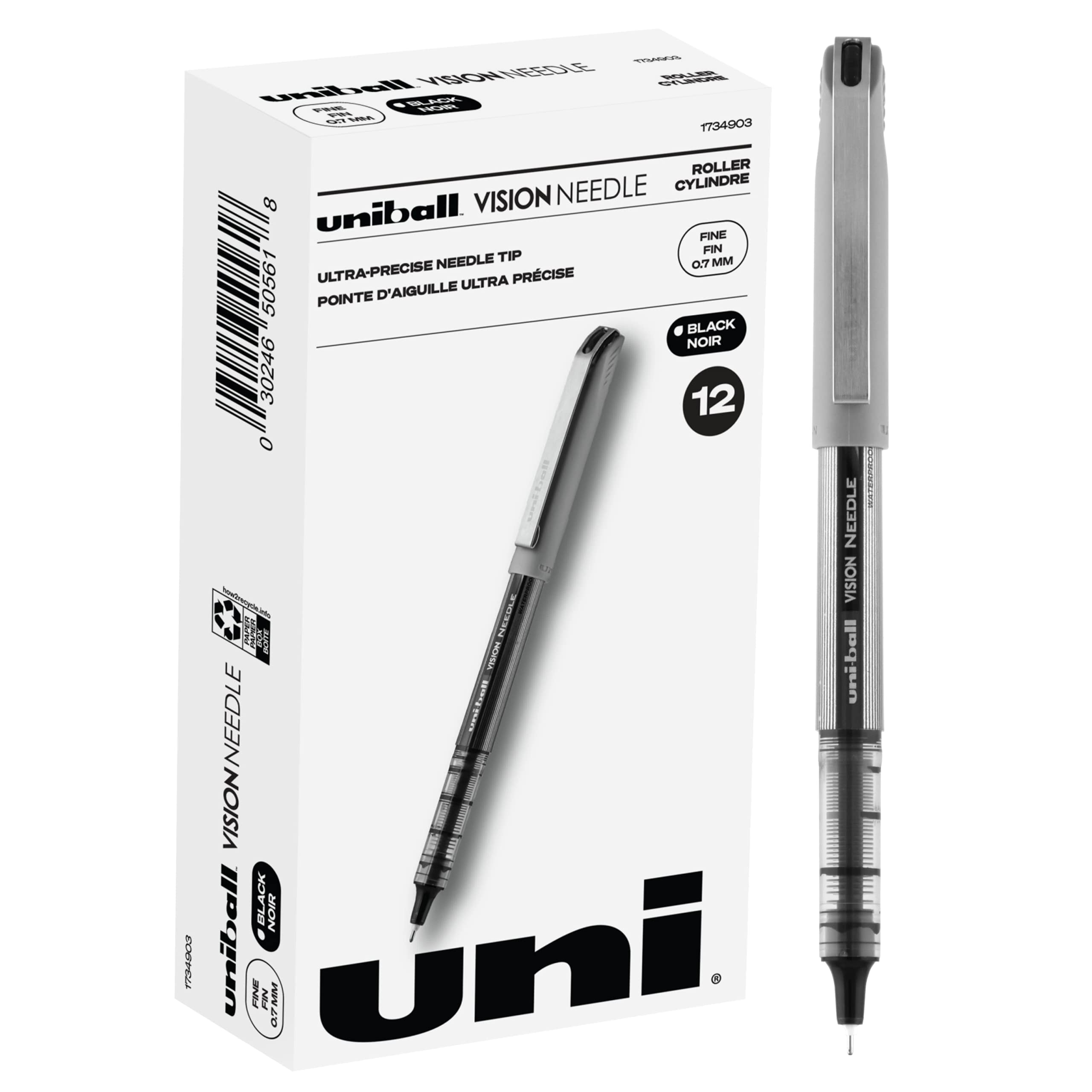 Uniball Vision Needle Rollerball Pens, Black Pens Pack Of 12, Fine Point Pens With 0.7Mm Medium Black Ink, Ink Black Pen, Pens F