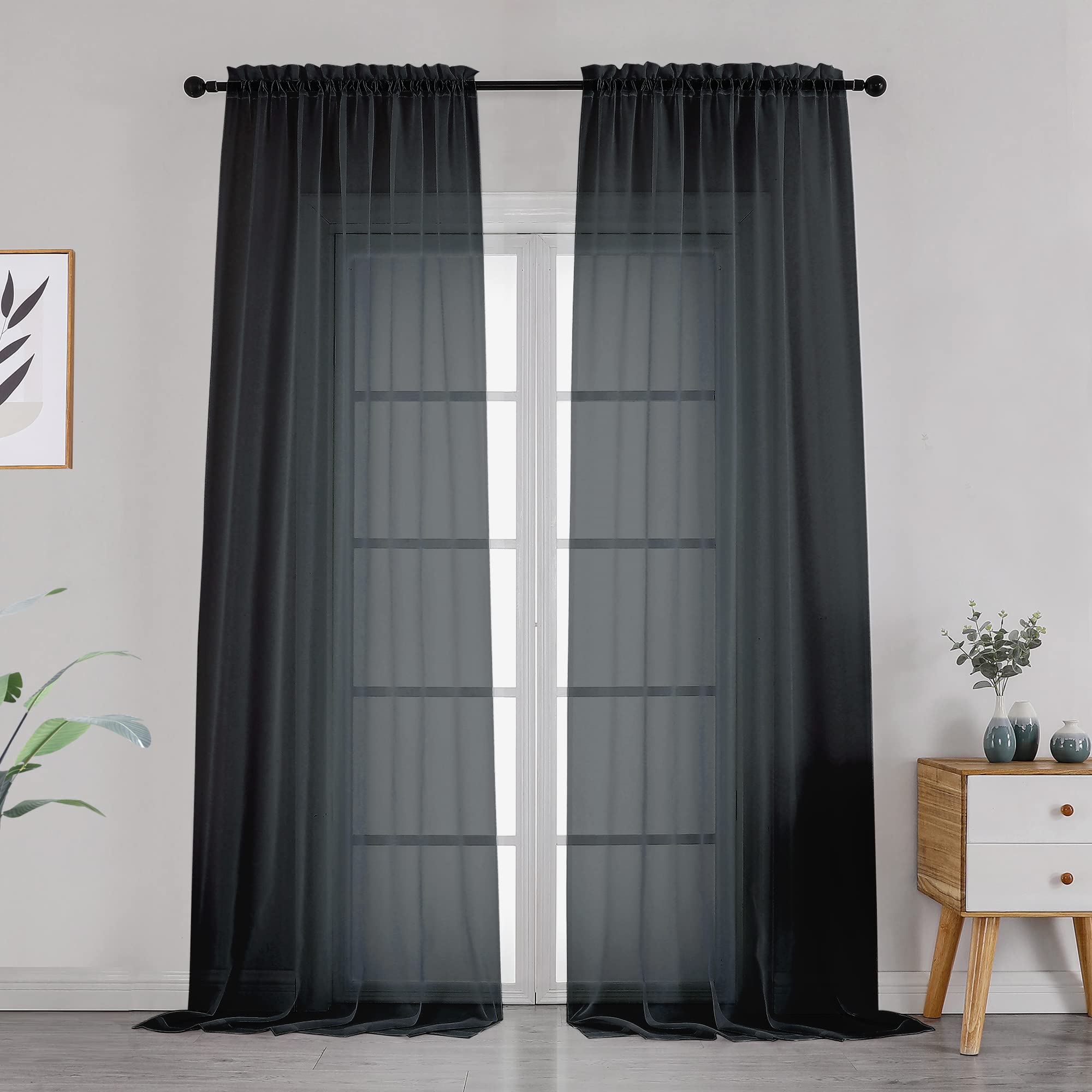 Ovzme Black Sheer Curtains Dark Color Curtain Panels For Living Room, Light Reducing Sheer Curtains 108 Inch Length 2 Panels Set
