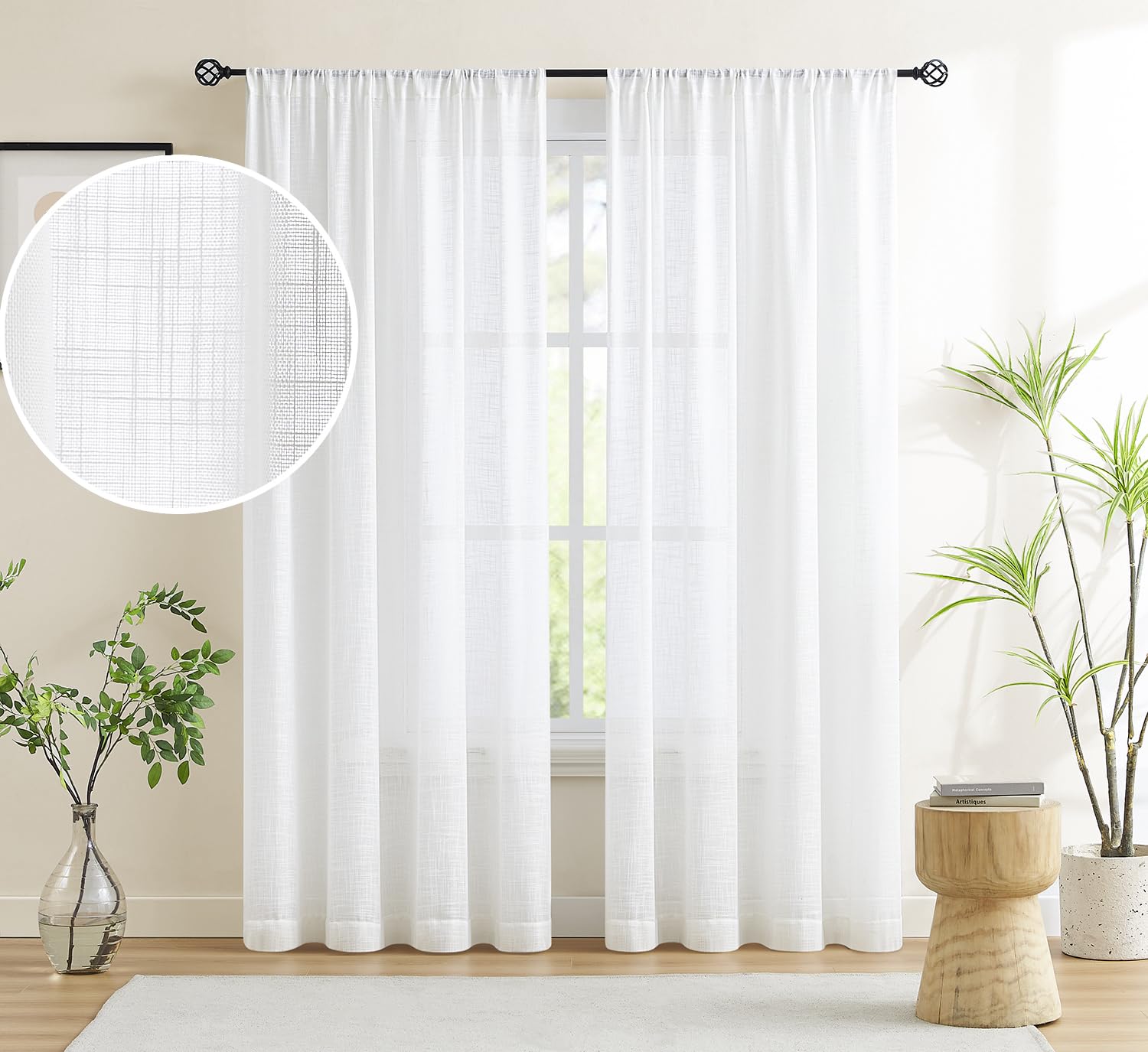 Treatmentex White Sheer Curtains For Living Room 72' Linen Textured Privacy Window Curtain Set For Bedroom Light Filtering Curt
