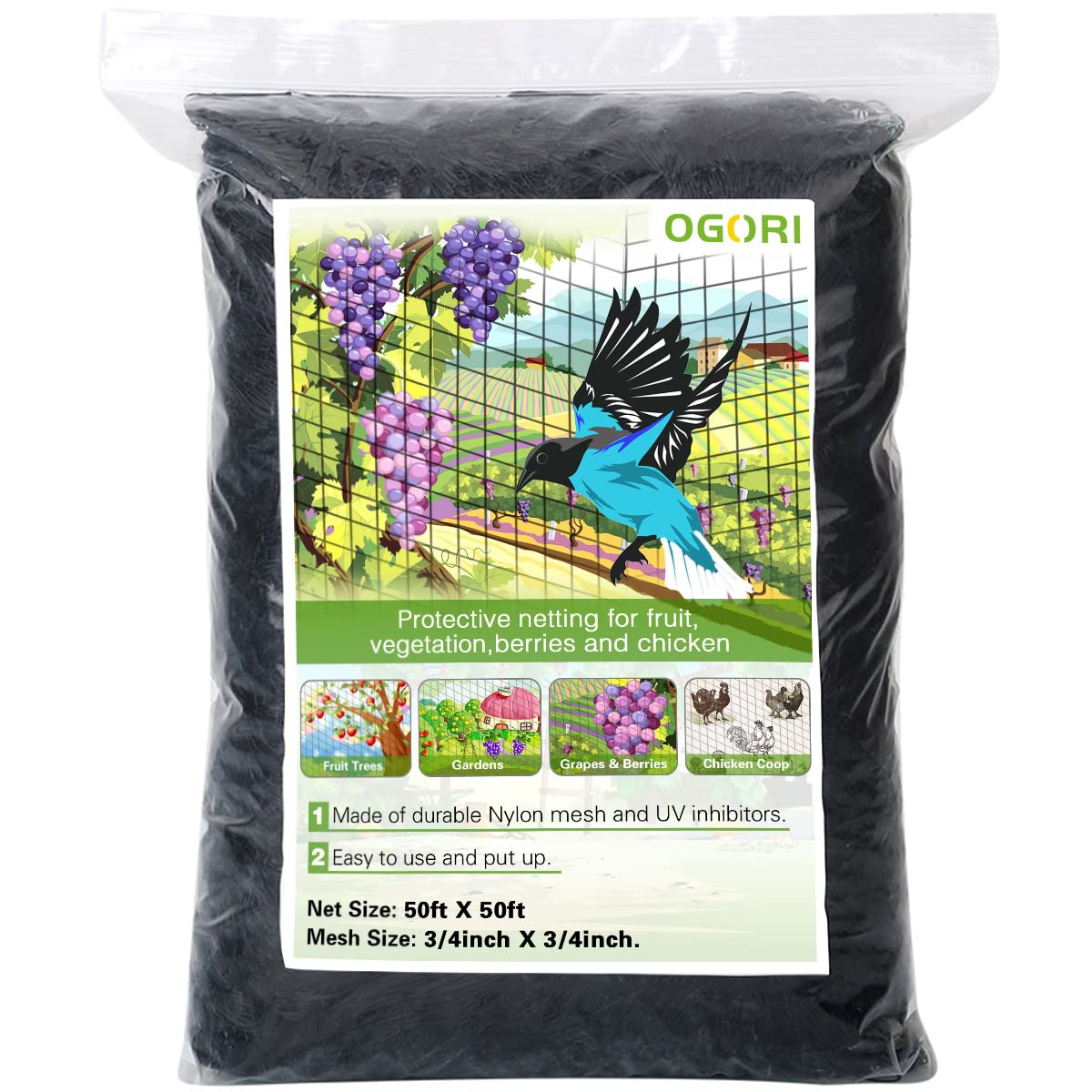 Ogori 50' X 50' Bird Netting Heavy Duty Nylon 3/4' Mesh Garden Netting Protect Fruit Trees, Plants And Vegetables