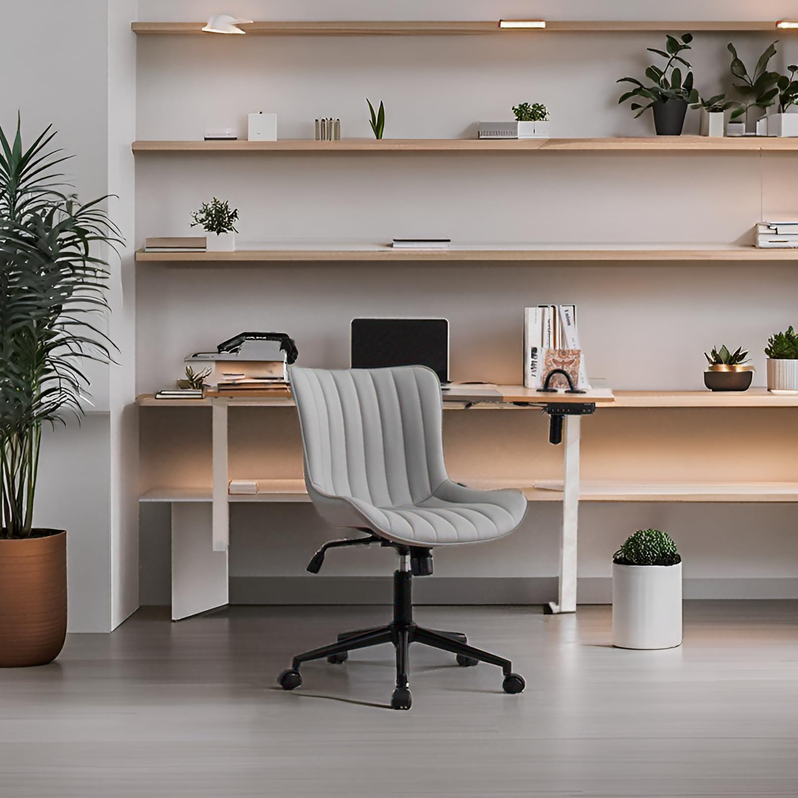 Younike Grey Home Office Desk Chair With Wheels Ergonomic Comfy Armless Vanity Chair With Back Modern Leather Upholstered Rollin