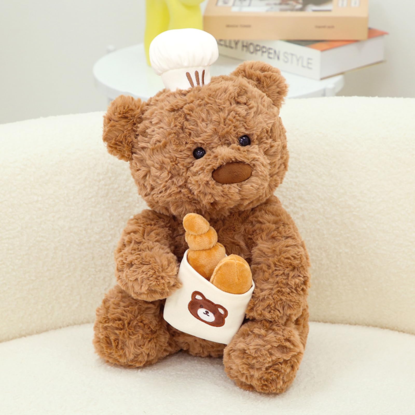 Peach Cat Chef Teddy Bear Stuffed Animal Holds Toast Bread Bag Cute Bear Plush Soft Plushies Toy Pillow Gifts For Kids Brown 9.8