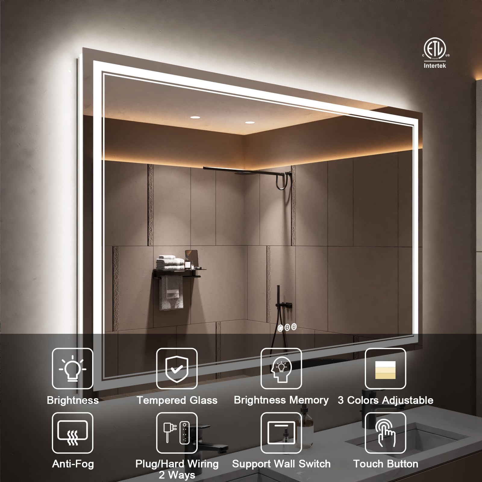 Istripmf 55 X 36 Inch Led Bathroom Mirror With Lights, Backlit And Front Lighted Bathroom Mirrors For Wall, Anti-Fog Dimmable Me