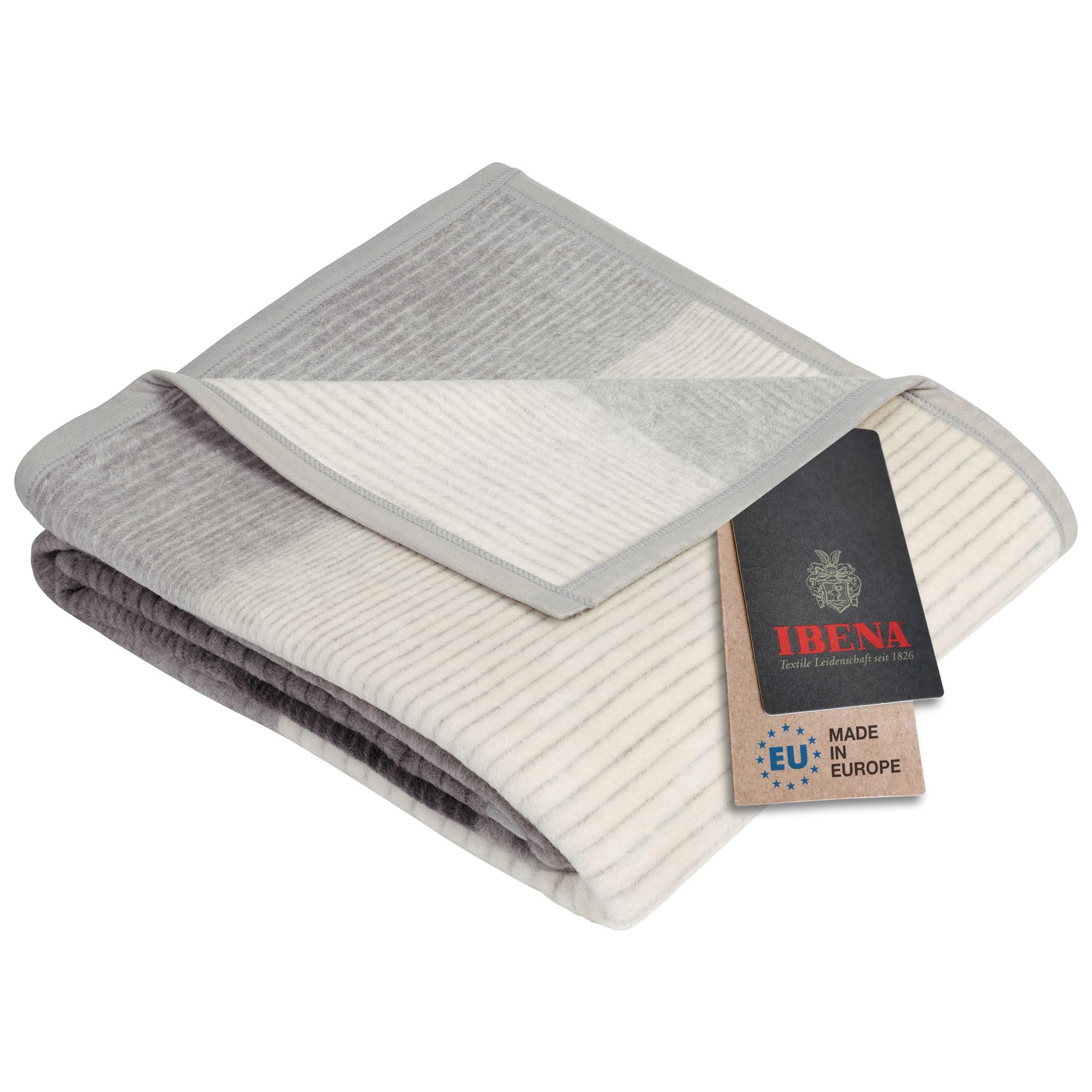 Ibena Granada Throw Blanket, Contemporary Block Striped Jacquard Woven Oversized Cotton Blend Velour In Stone Grey