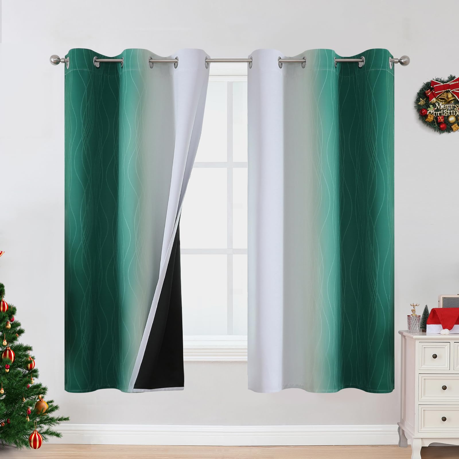 Estelar Textiler Ombre Greyish White And Green Blackout Curtains & Drapes For Bedroom, Thermal Insulated Full Light Blocking Gro