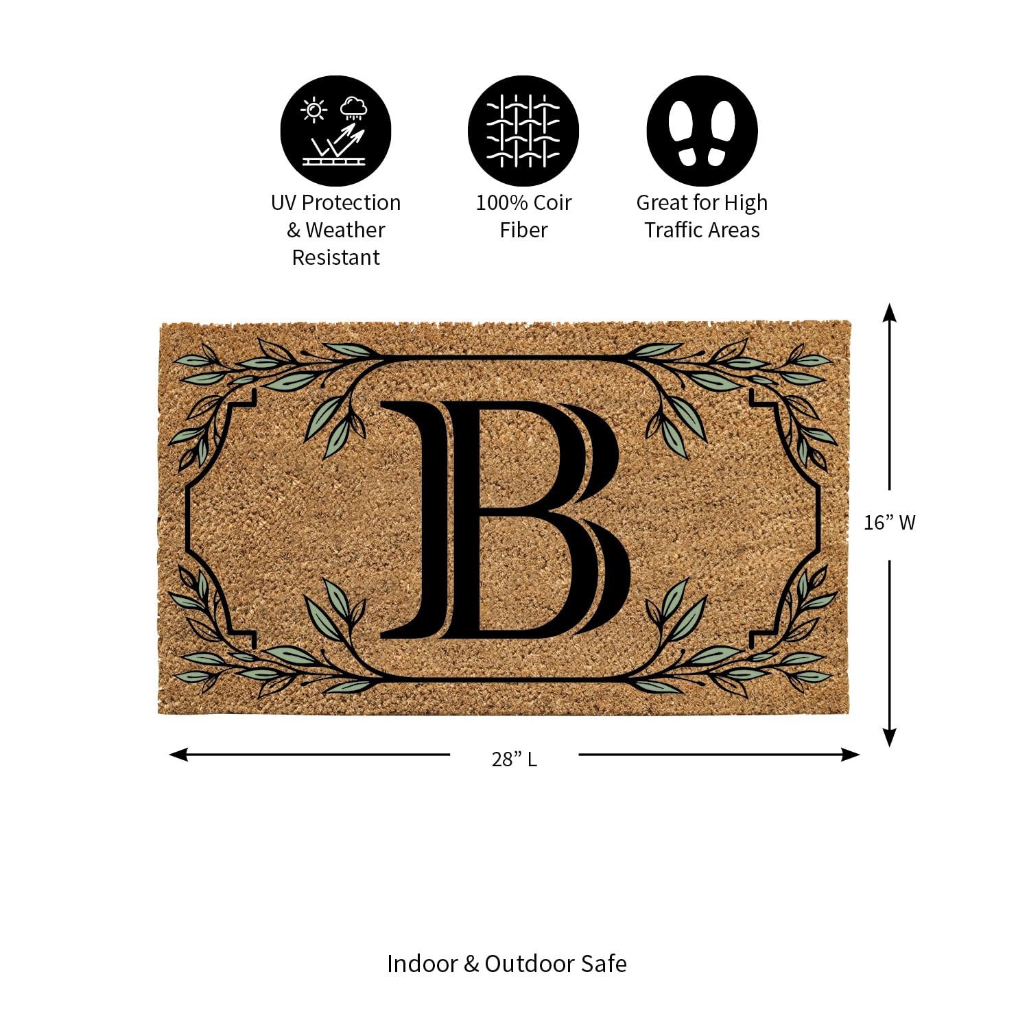 Evergreen Monogram Coir Doormat | Letter B | Front Door Mat For Outdoor Indoor Entrance | 28X16 Inches | Non-Slip Backing Doorwa