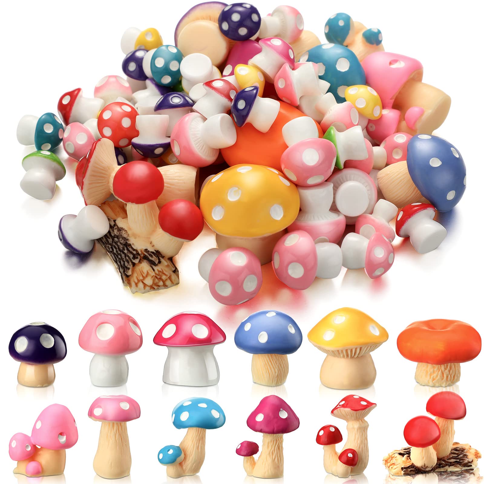Yulejo 120 Pcs Cute Tiny Mushrooms Bulk Mini Miniature Figurines Fairy Mushroom Decor Garden Mushroom Statue Mini Mushrooms Orna