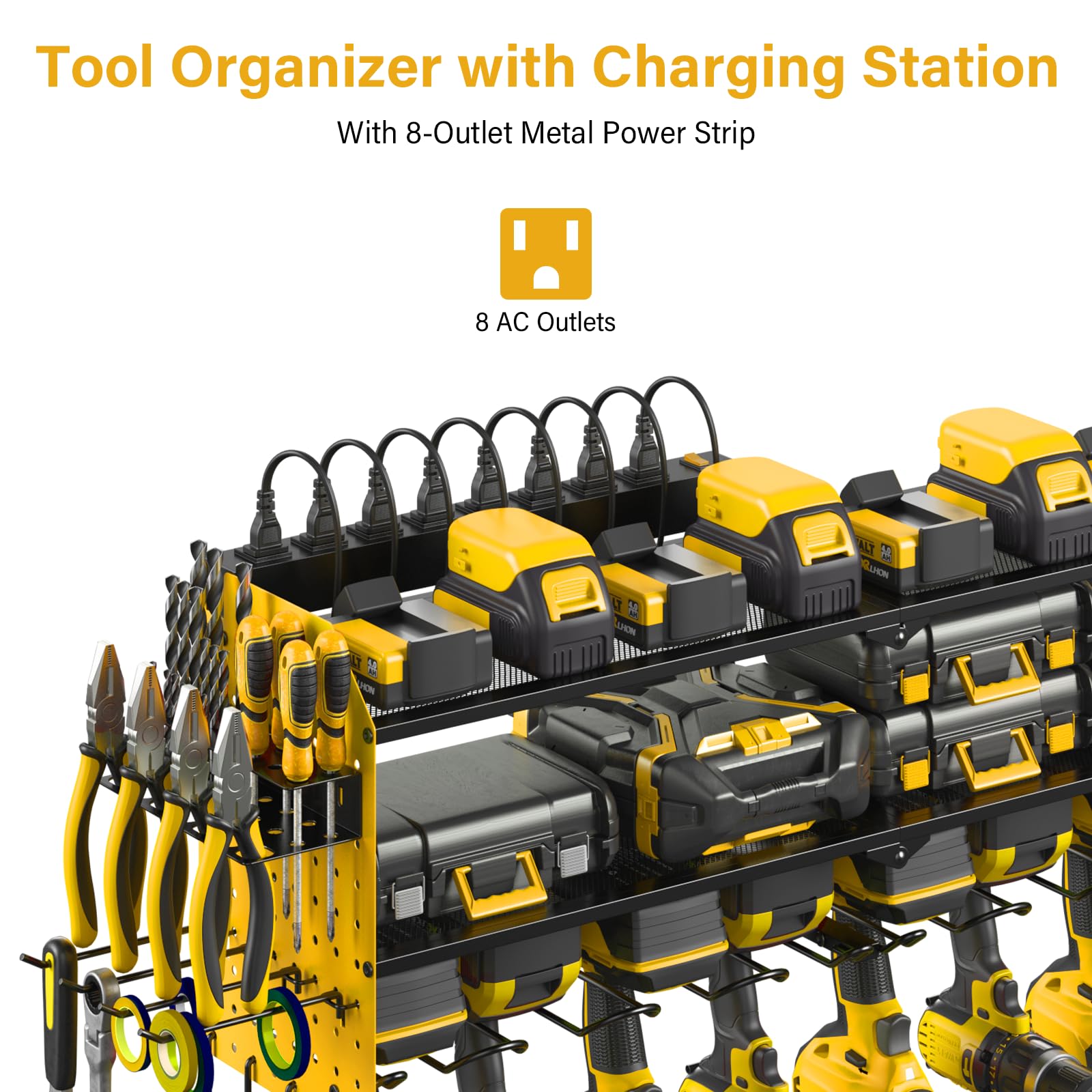 Junnuj Large Pegboard Power Tool Organizer With Charging Station, 8 Drills Driver And Tools Battery Holder Wall Mount With 8 Outlet Power Strip, Yellow 3-Layer Shop Garage Storage Utility Rack