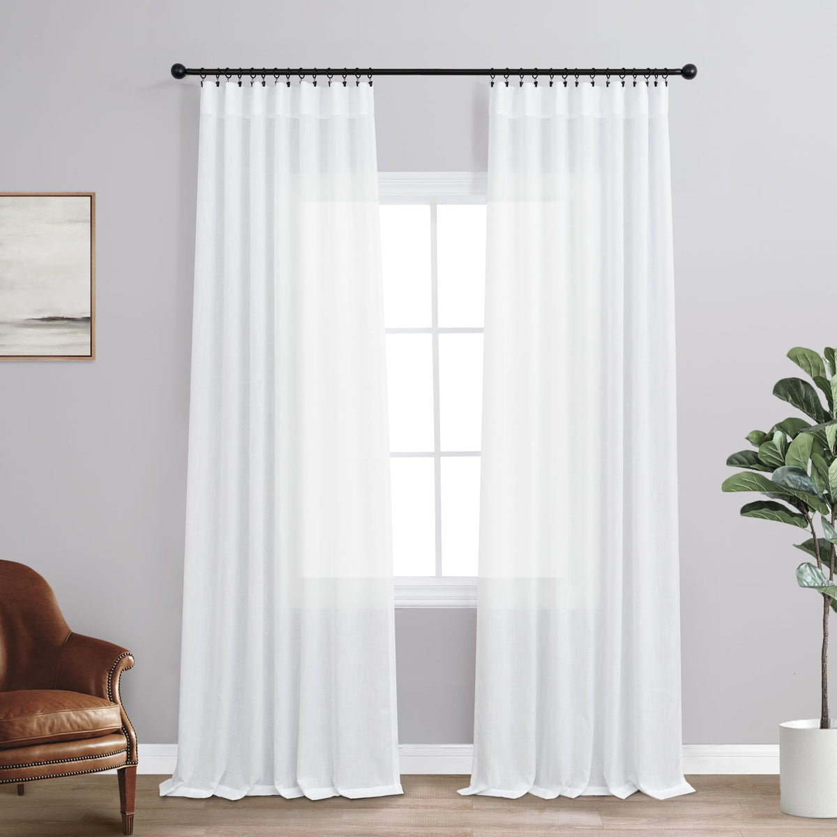 Koufall White Curtains 90 Inches Long For Bedroom,Farmhouse Boho Flowy Linen Semi Sheer Curtains 90 Inch Length For Living Room