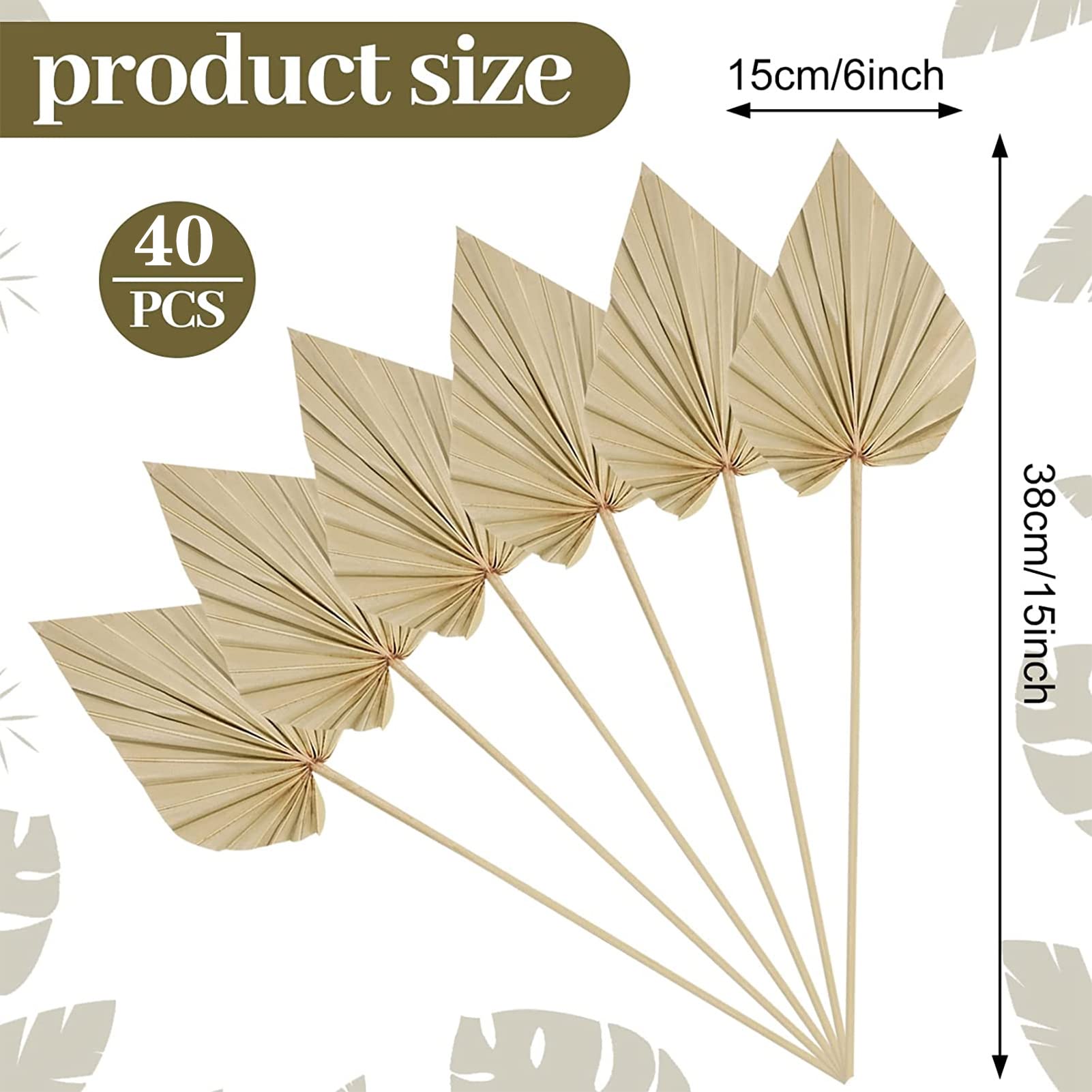 Chenkaiyang 40 Pcs Boho Dried Palm Spears Leaves Bulk, Small Natural Dried Real Palm Fans,Dried Palm Leaves With Stem Dried Leaf