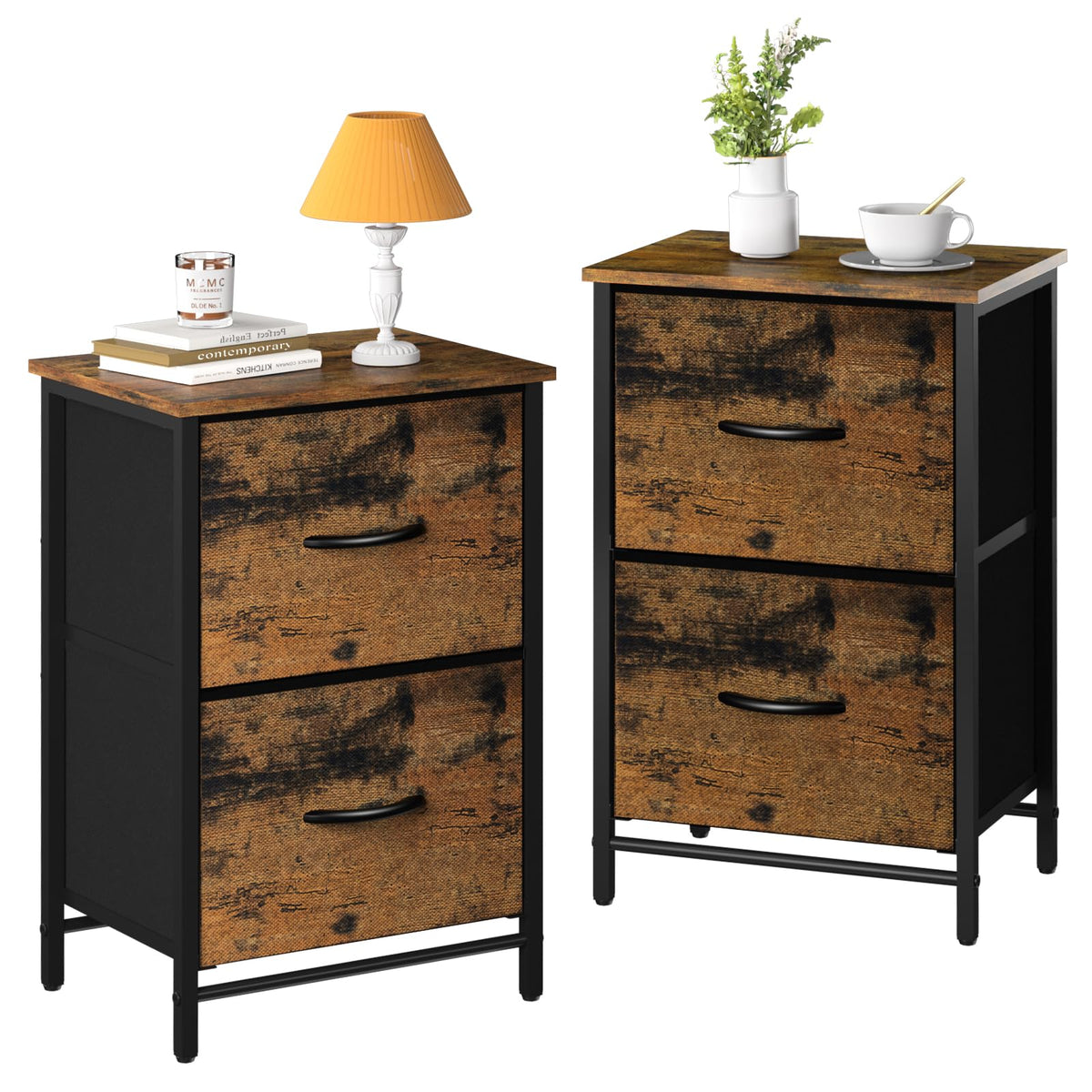 Yoobure Night Stand Set 2, Nightstand With 2 Fabric Drawers, Small Wood Nightstands For Bedroom, Bedside Tables With Drawers For Small Spaces, Large Storage Drawers Dresser For Dorm Bed Side Table