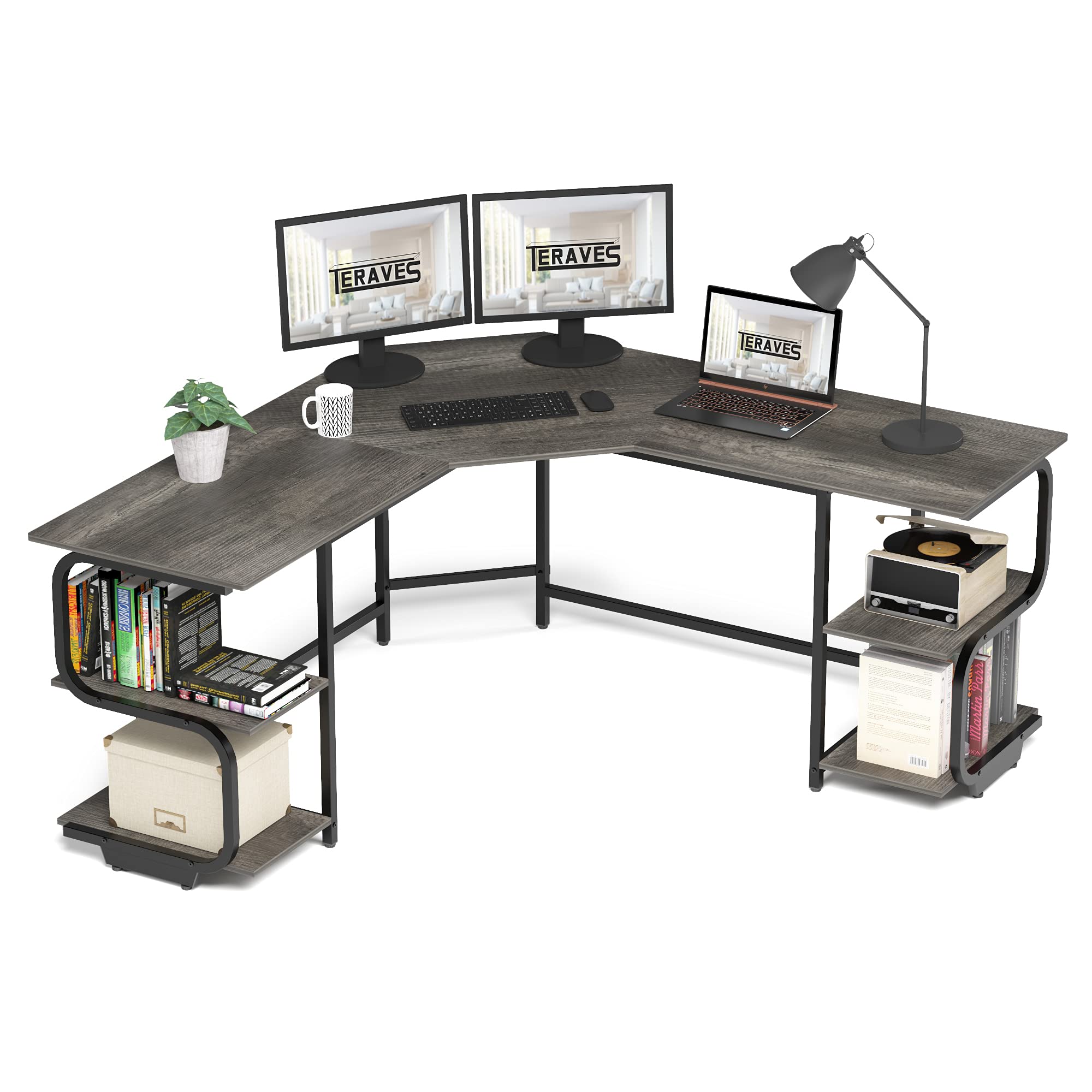 Teraves Modern L Shaped Desk With Shelves,64.84' Gaming Computer Desk For Home Office,Corner Desk With Desktop (Black Oak+Black Frame, Large+4 Tier Shelves)