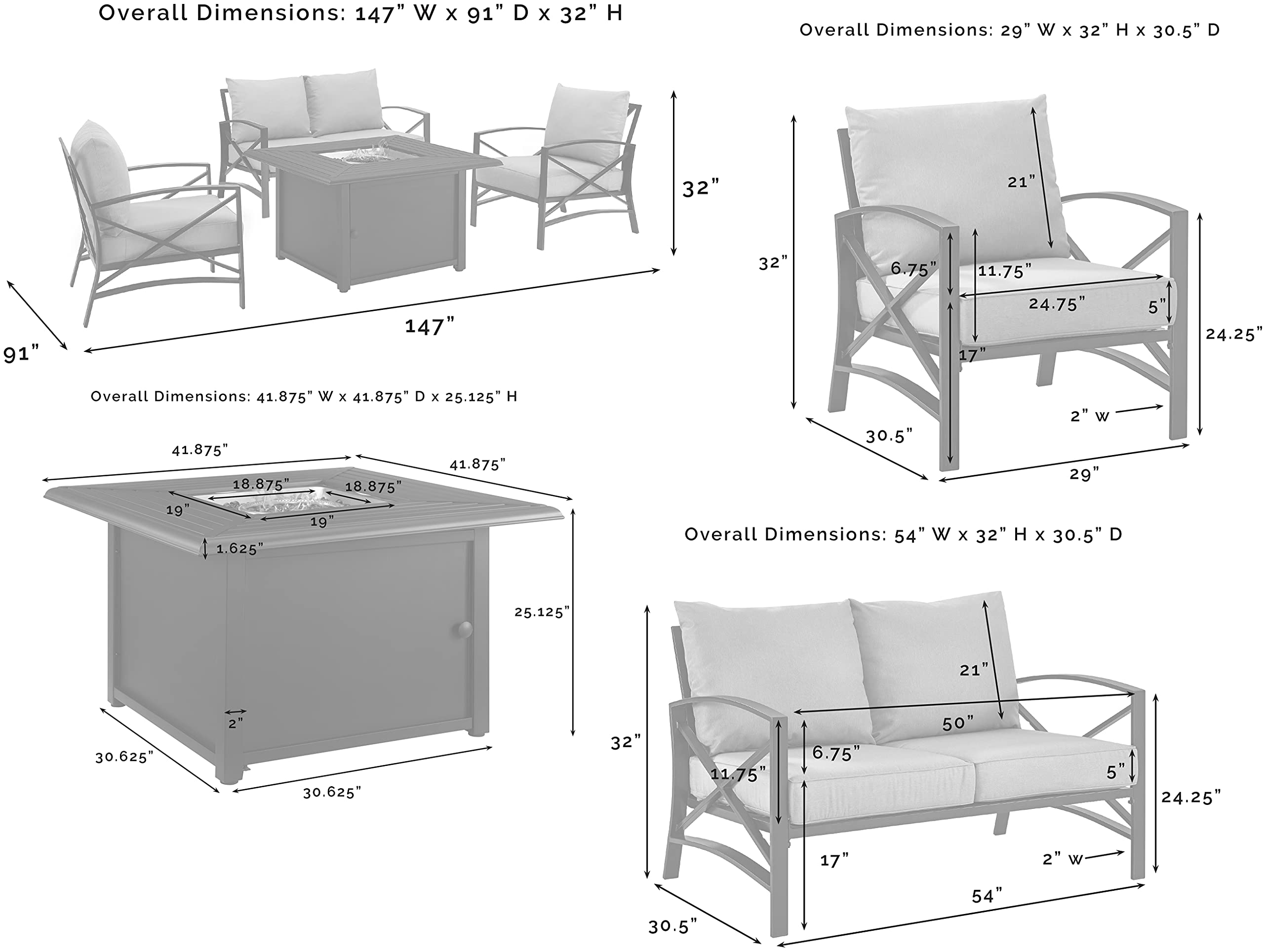 Crosley Furniture Kaplan 4-Piece Outdoor Loveseat Patio Furniture Set with Propane Gas Fire Pit Table, Oiled Bronze with Mist Cushions
