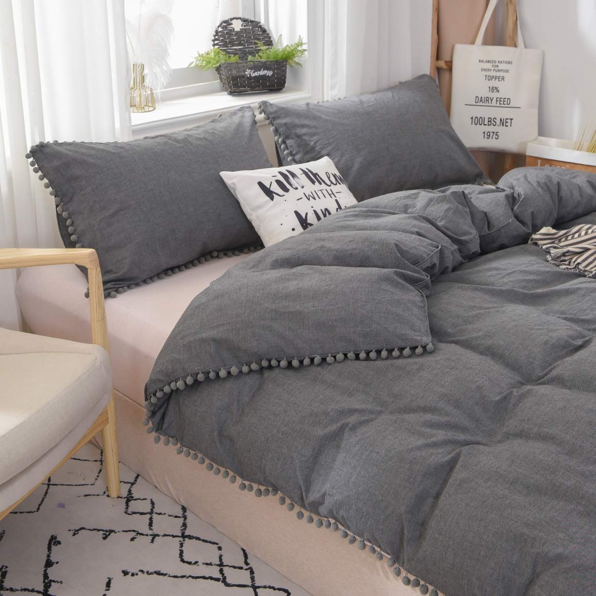 Grey Bedding Set 3Pcs Twin Xl Size Duvet Cover With Grey Pom Pom Ruffle Girls Baby Teen Farmhouse Boho Quilt Cover Set 100% Wash