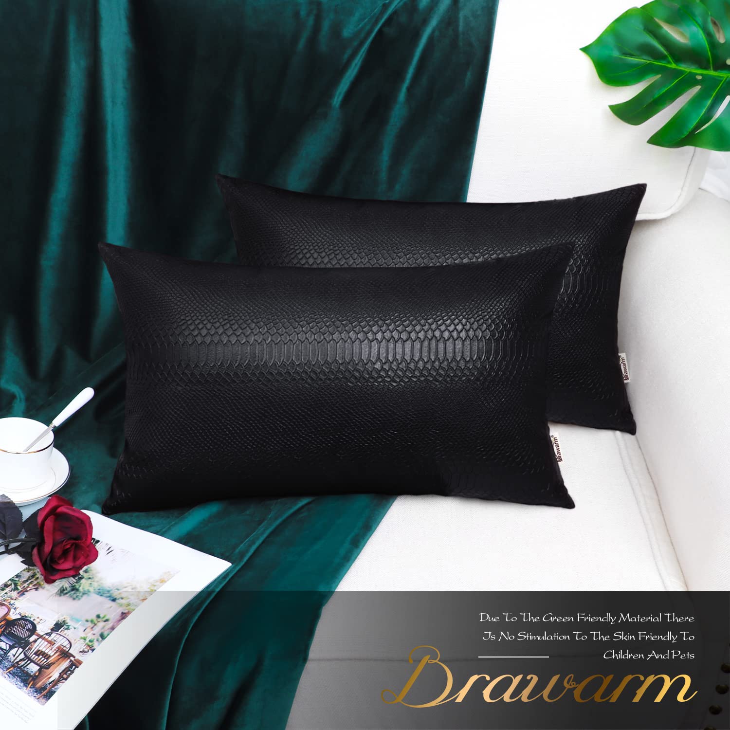 Brawarm Black Leather Throw Pillows 12 X 20 Inches, Snake Leather Pillow Covers Pack Of 2, Faux Leather Decorative Lumbar Pillow