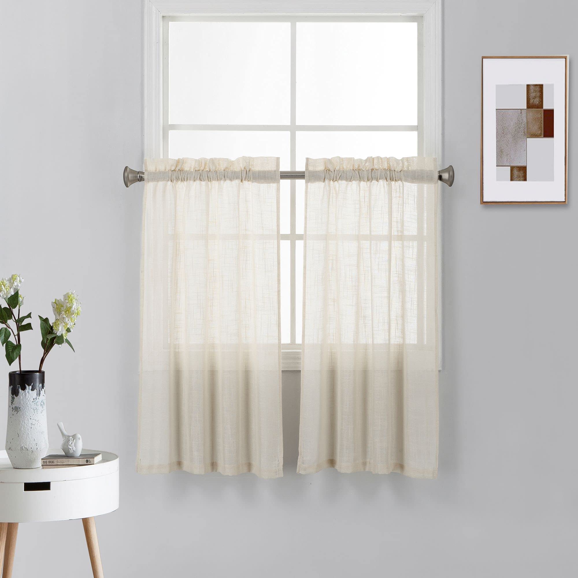 Diamond Home Linens Faux Linen Textured Semi Sheer Short Curtains - Rod Pocket Bedroom and Living Room Window Panel Drapes, Set 