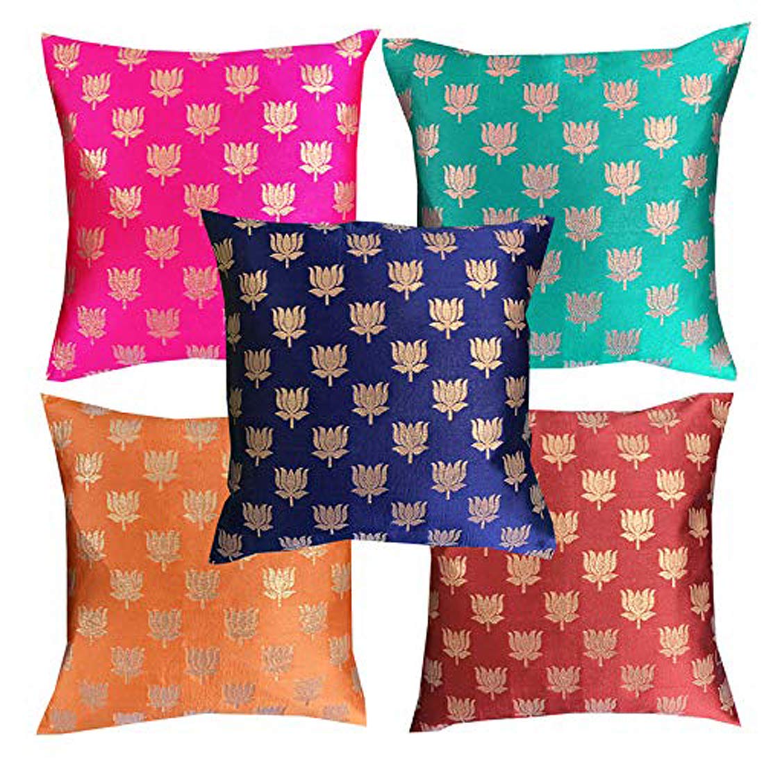 Pink Parrot Art Silk Multi ColourCushion Cover With Zipper 12X12 InchSet Of 5 Pcs