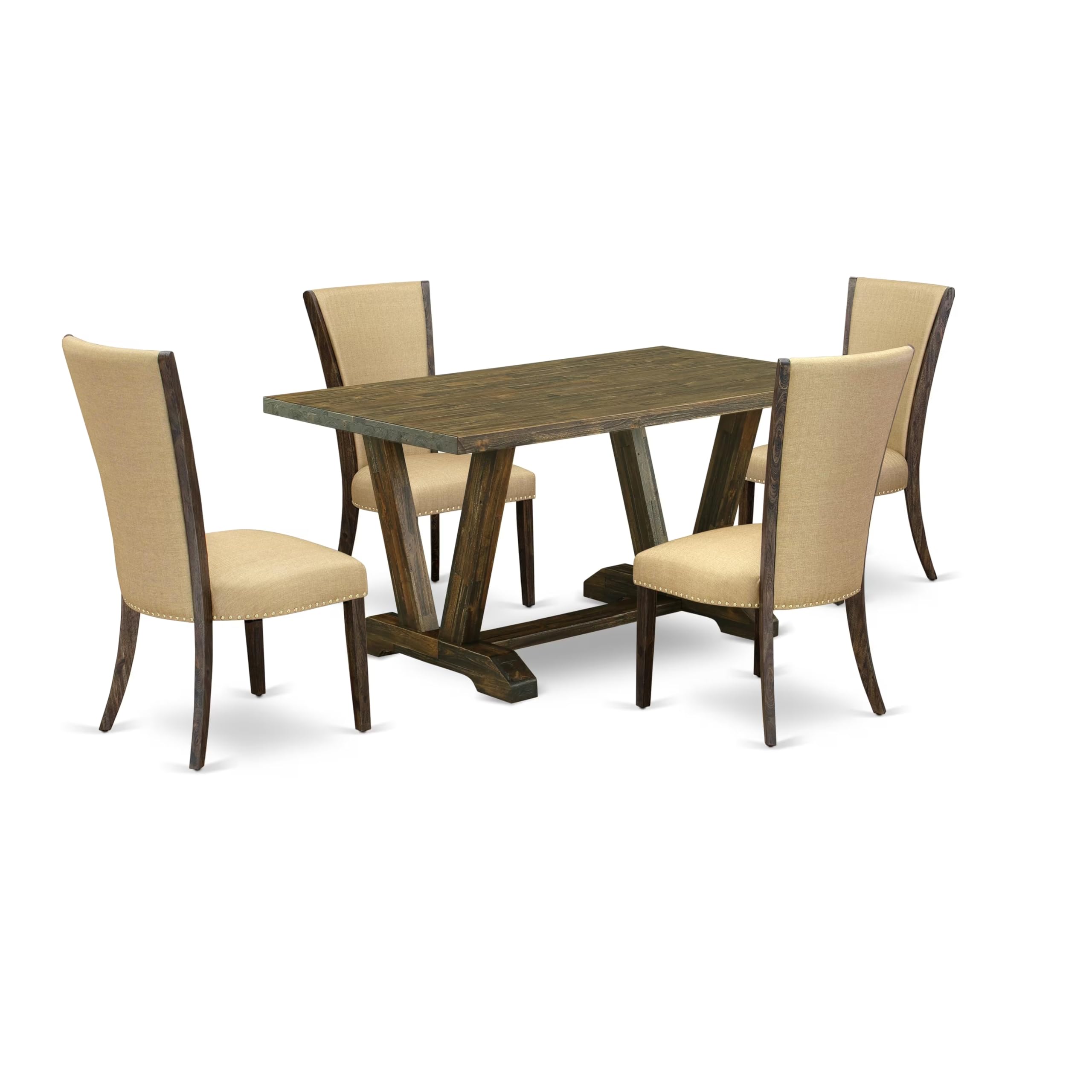 East West Furniture V776Ve703-5 5 Piece Dining Table Set For 4 Includes A Rectangle Kitchen Table With V-Legs And 4 Brown Linen Fabric Upholstered Chairs, 36X60 Inch, Multi-Color