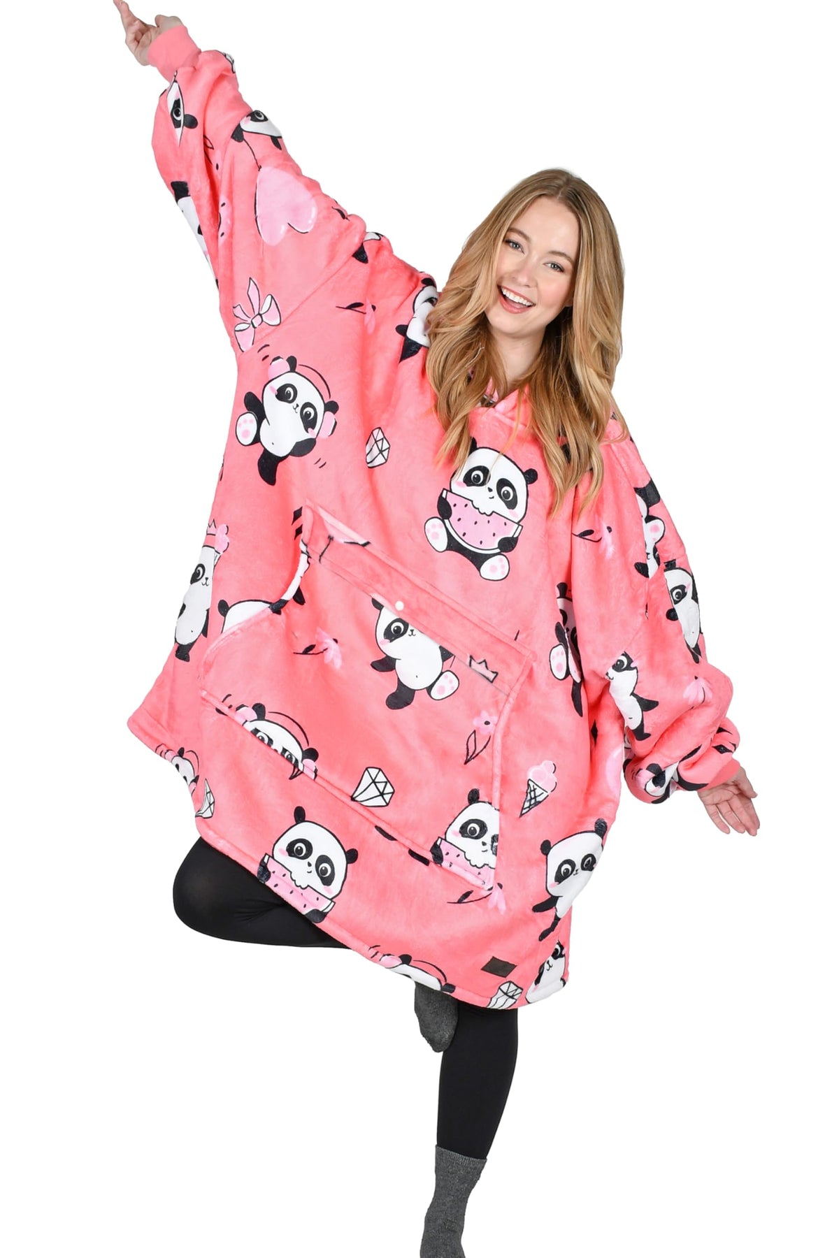 Catalonia Panda Print Oversized Hoodie Blanket Sweatshirt, Wearable Sherpa Giant Pullover For Adults Men Women Teenagers Wife Gi