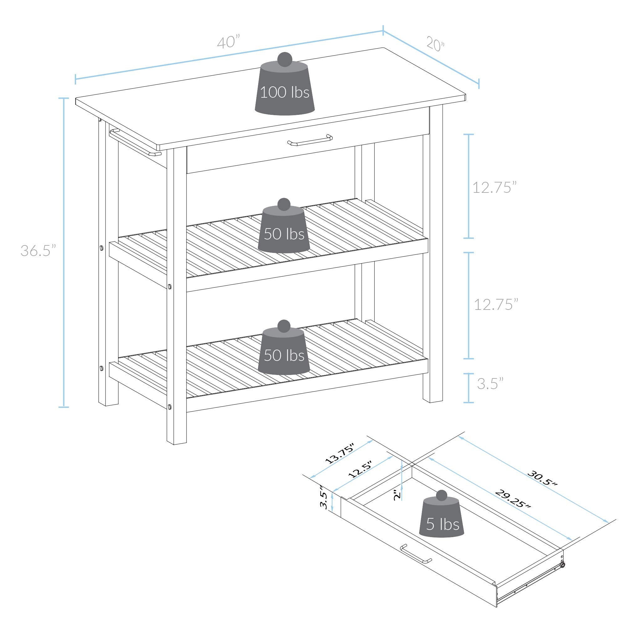 Casual Home Kitchen Island with Solid American, Two-Tone(White Base, Natural Cherry Top)