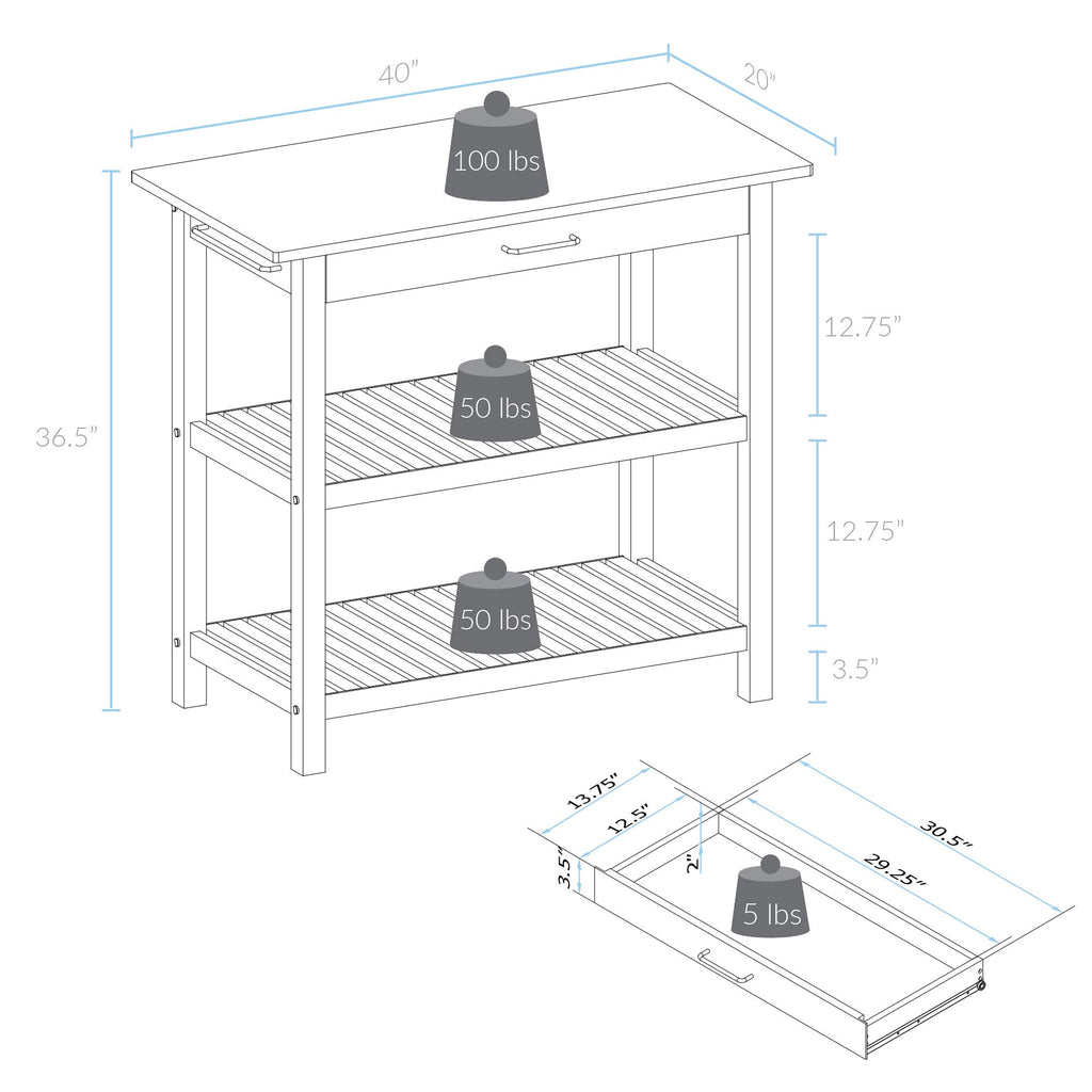 Casual Home Kitchen Island With Solid American Top, White & Cherry Natural