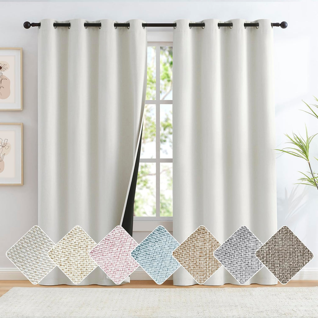 Cream White Linen Blackout Curtains for Living Room Bedroom, Thermal Insulated Energy Saving Window Panels Farmhouse Burlap Text
