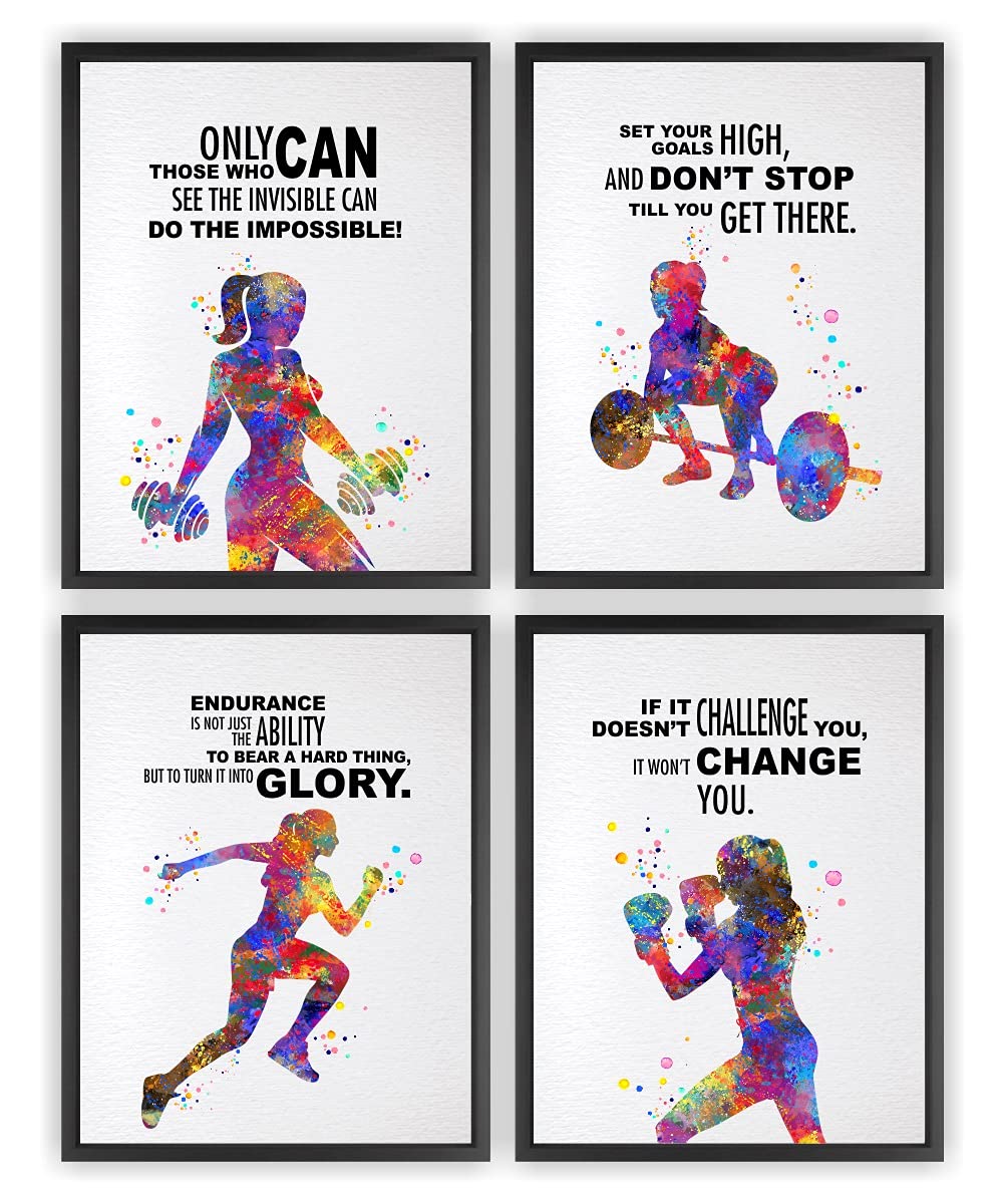 Dignovel Studios 8X10 Set of 4 Unframed Intensive Workout Training Exercise Running Boxing Weight Lifting Watercolor Art Woman G