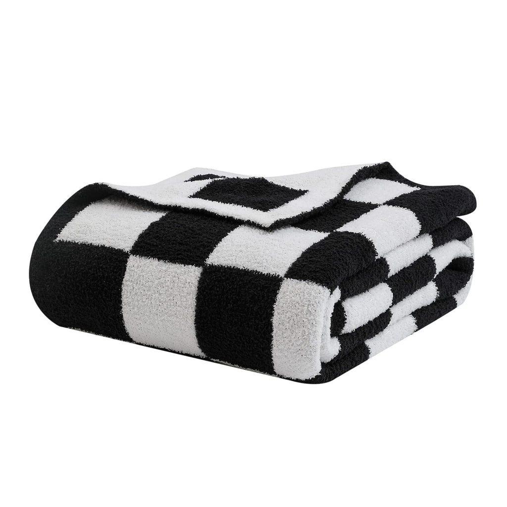 Bearberry Fuzzy Checkerboard Grid Throw Blanket Soft Cozy Warm Microfiber Bed Blanket Decor For Couch Sofa Bed Travel Home (Blac