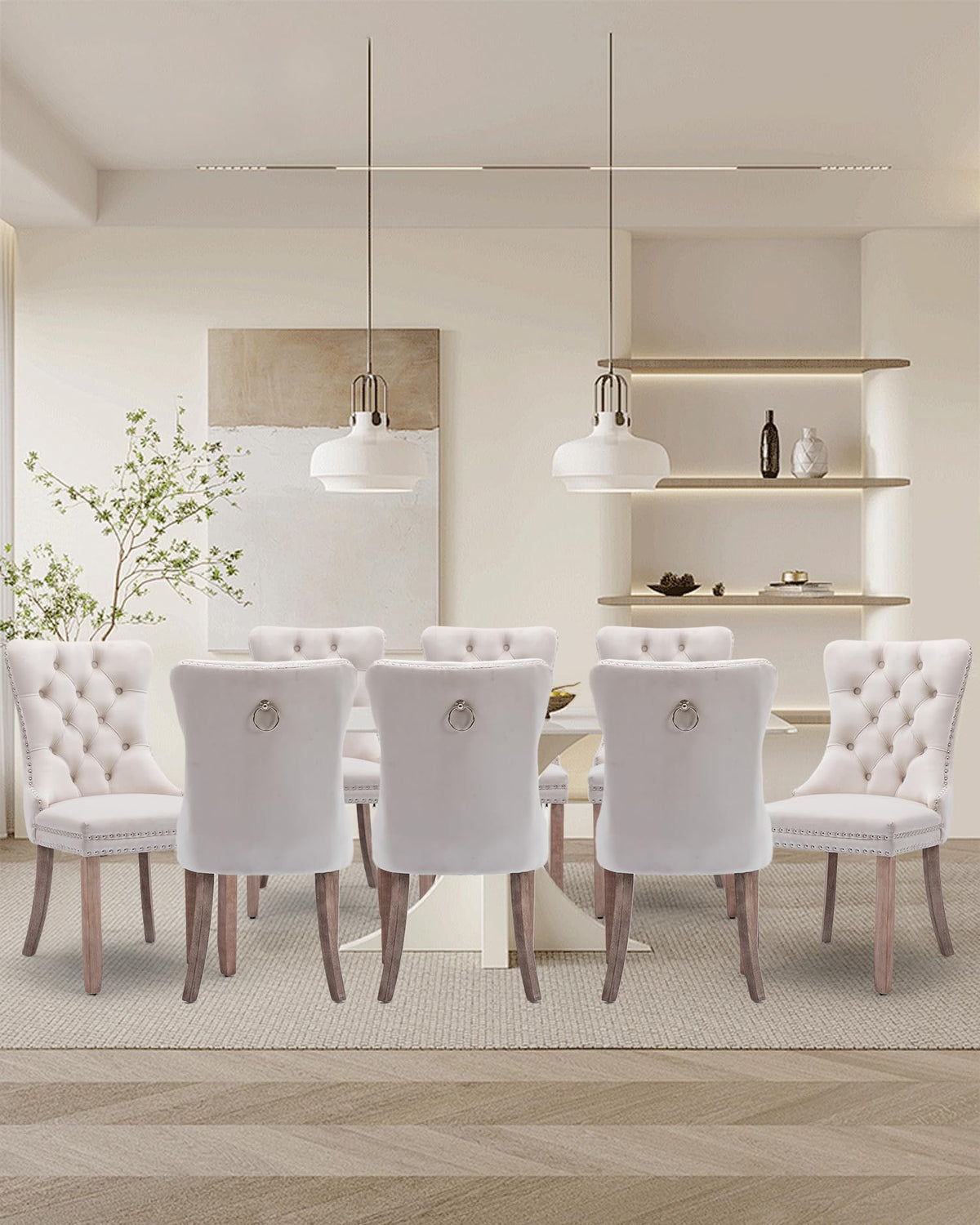 Vicbarley Linen Dining Chair Set Of 8 Upholstered Tufted Dining Room Chair With Nailhead Trim And Solid Wood Legs For Kitchen, R