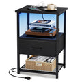 Fixwal Night Stand with Charging Station, LED Nightstand with Fabric Drawers, End Table with PU Finish, Bedside Table, Black