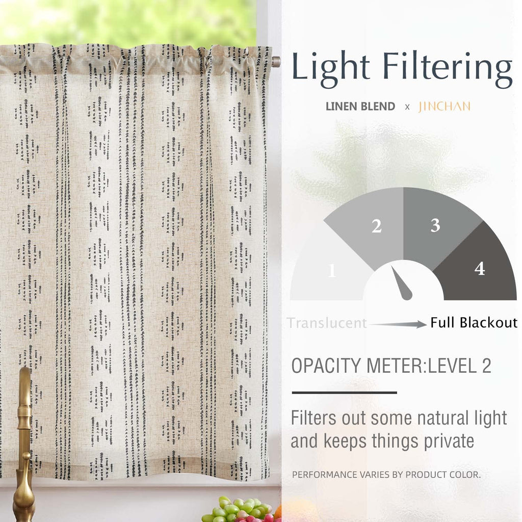Jinchan Boho Kitchen Curtain Linen Tier Curtain Bohemian Cafe Curtain 24 Inch Geometric Striped Small Window Curtain Light Filtering Farmhouse Country Rustic For Bathroom Rv 1 Panel Black On Beige